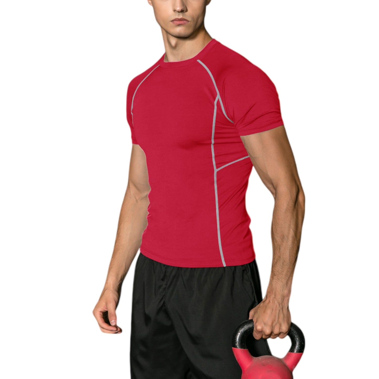 Men's Short Sleeve Compression Workout Shirt with Moisture-Wicking Fabric and Contrast Stitching