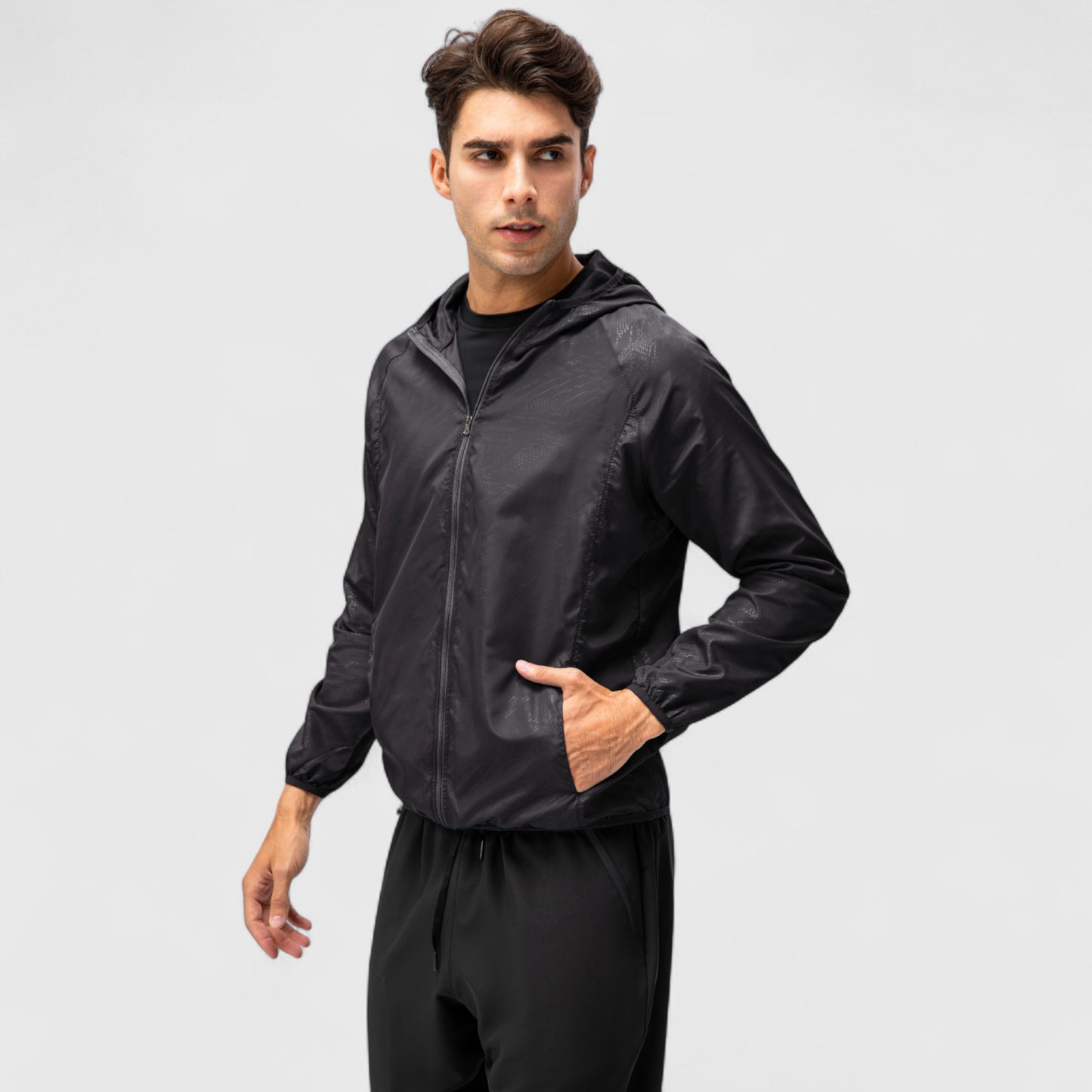 Men's Full Zip Hooded Windbreaker Jacket with Side Pockets and Elastic Cuffs
