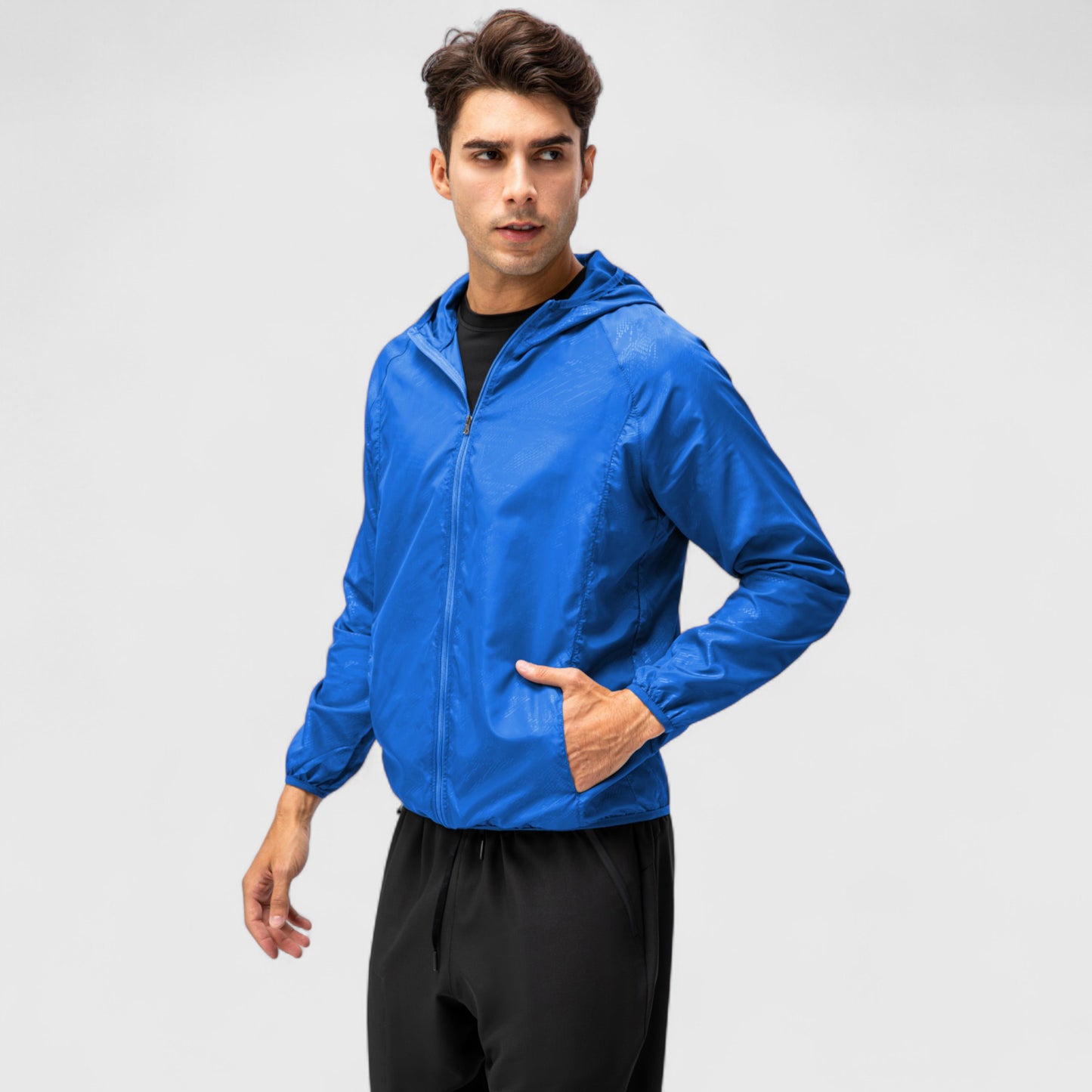 Men's Full Zip Hooded Windbreaker Jacket with Side Pockets and Elastic Cuffs