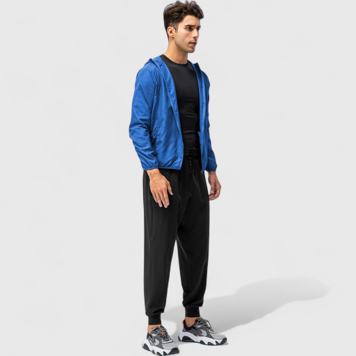 Men's Full Zip Hooded Windbreaker Jacket with Side Pockets and Elastic Cuffs