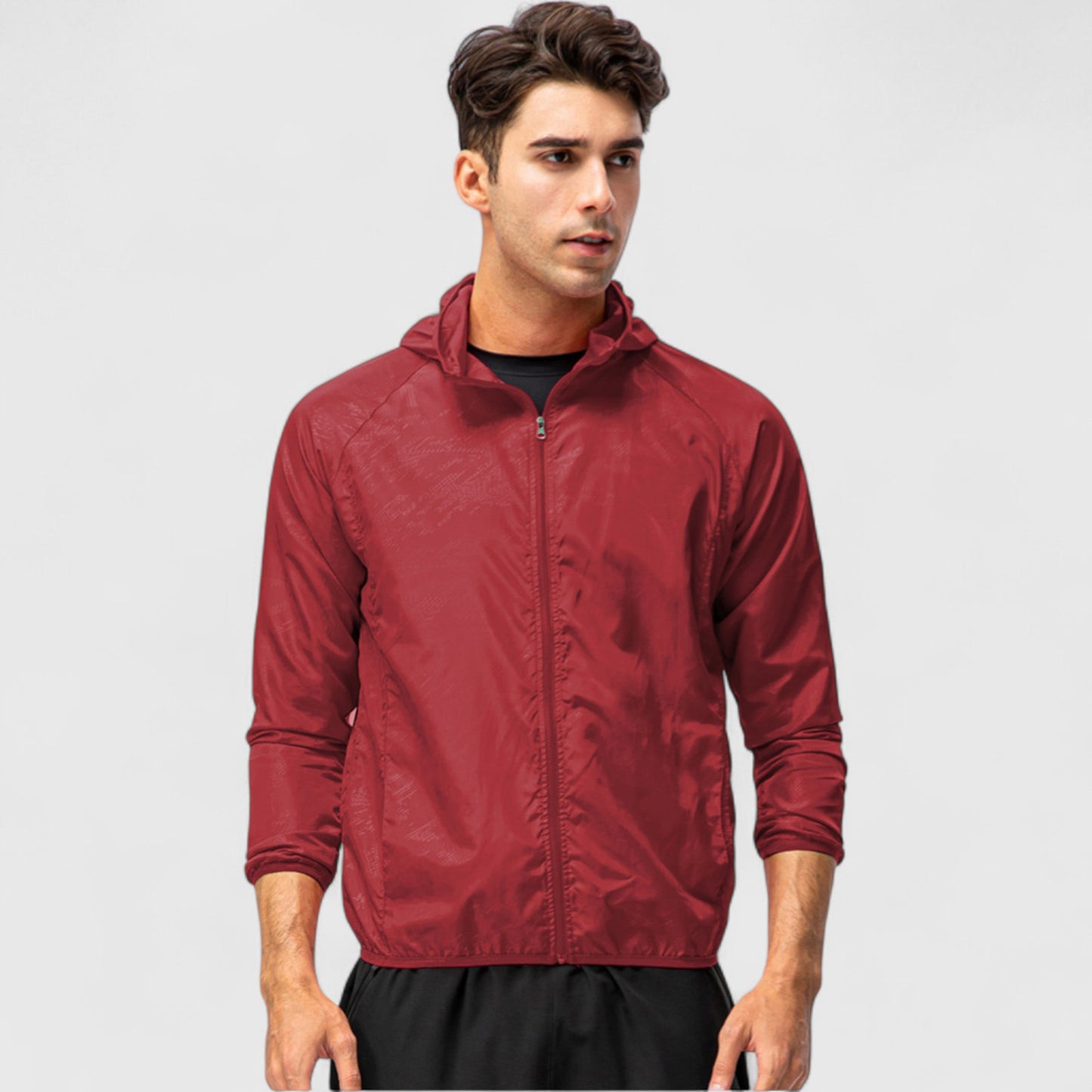 Men's Full Zip Hooded Windbreaker Jacket with Side Pockets and Elastic Cuffs