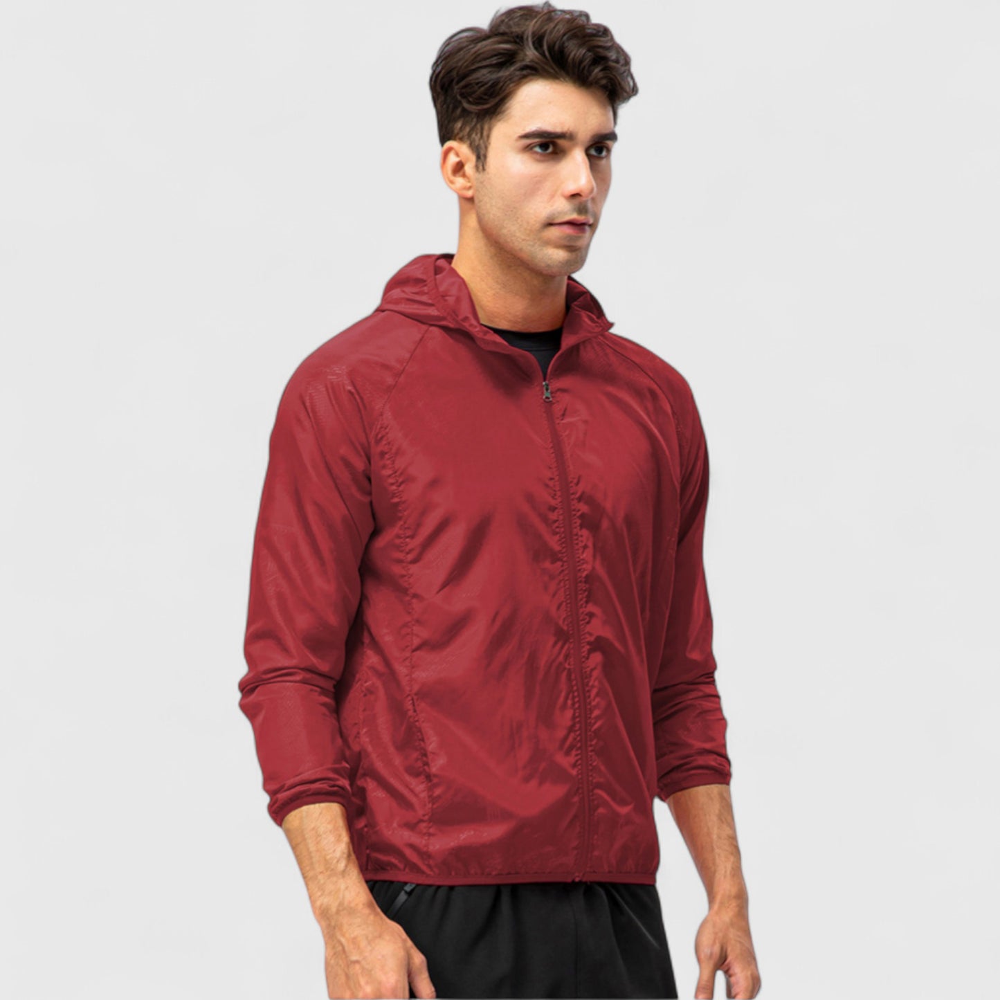 Men's Full Zip Hooded Windbreaker Jacket with Side Pockets and Elastic Cuffs