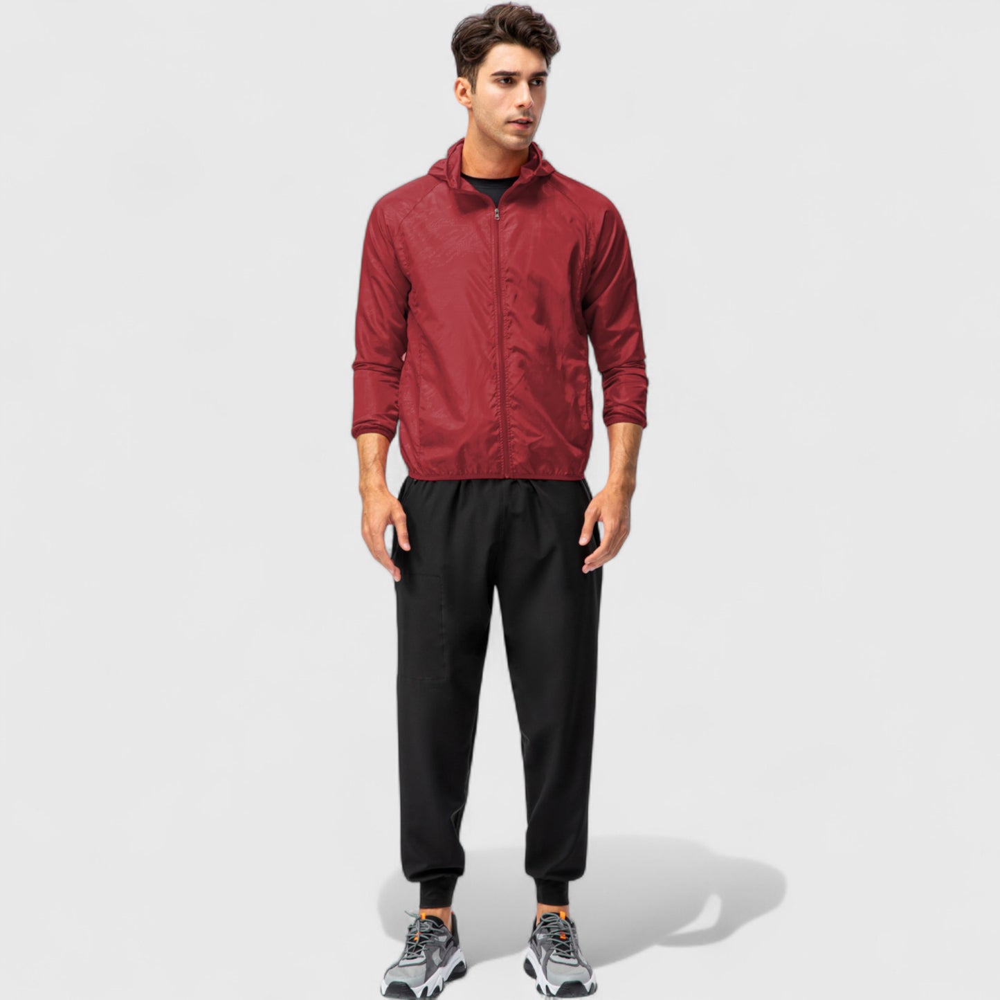 Men's Full Zip Hooded Windbreaker Jacket with Side Pockets and Elastic Cuffs