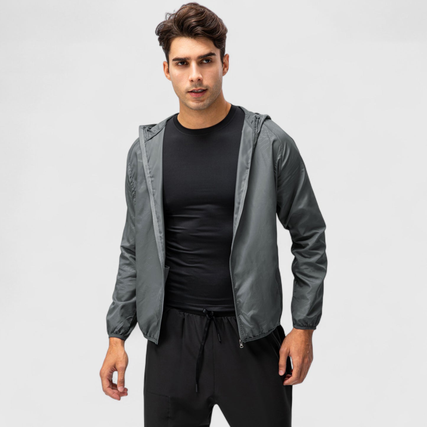 Men's Full Zip Hooded Windbreaker Jacket with Side Pockets and Elastic Cuffs