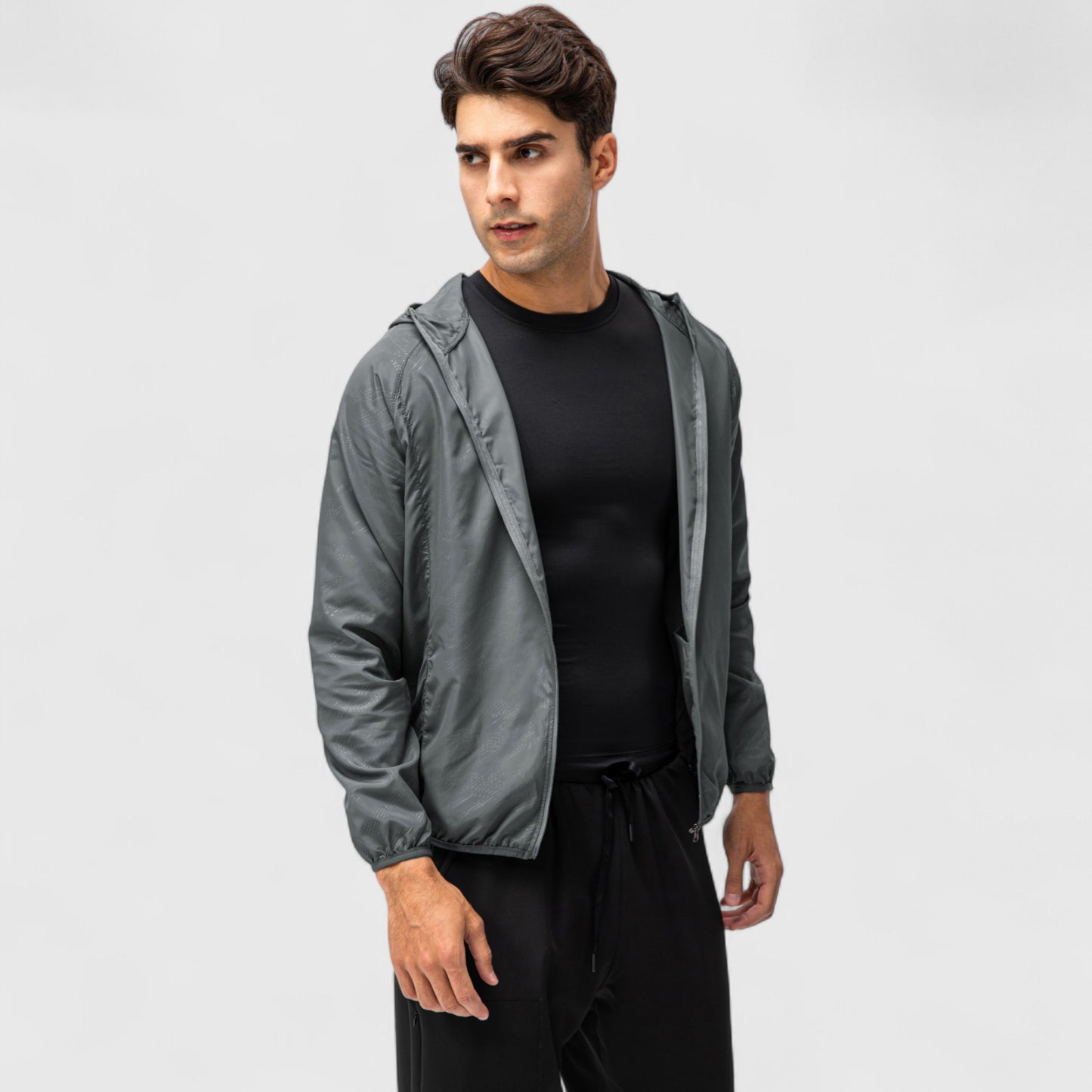 Men's Full Zip Hooded Windbreaker Jacket with Side Pockets and Elastic Cuffs