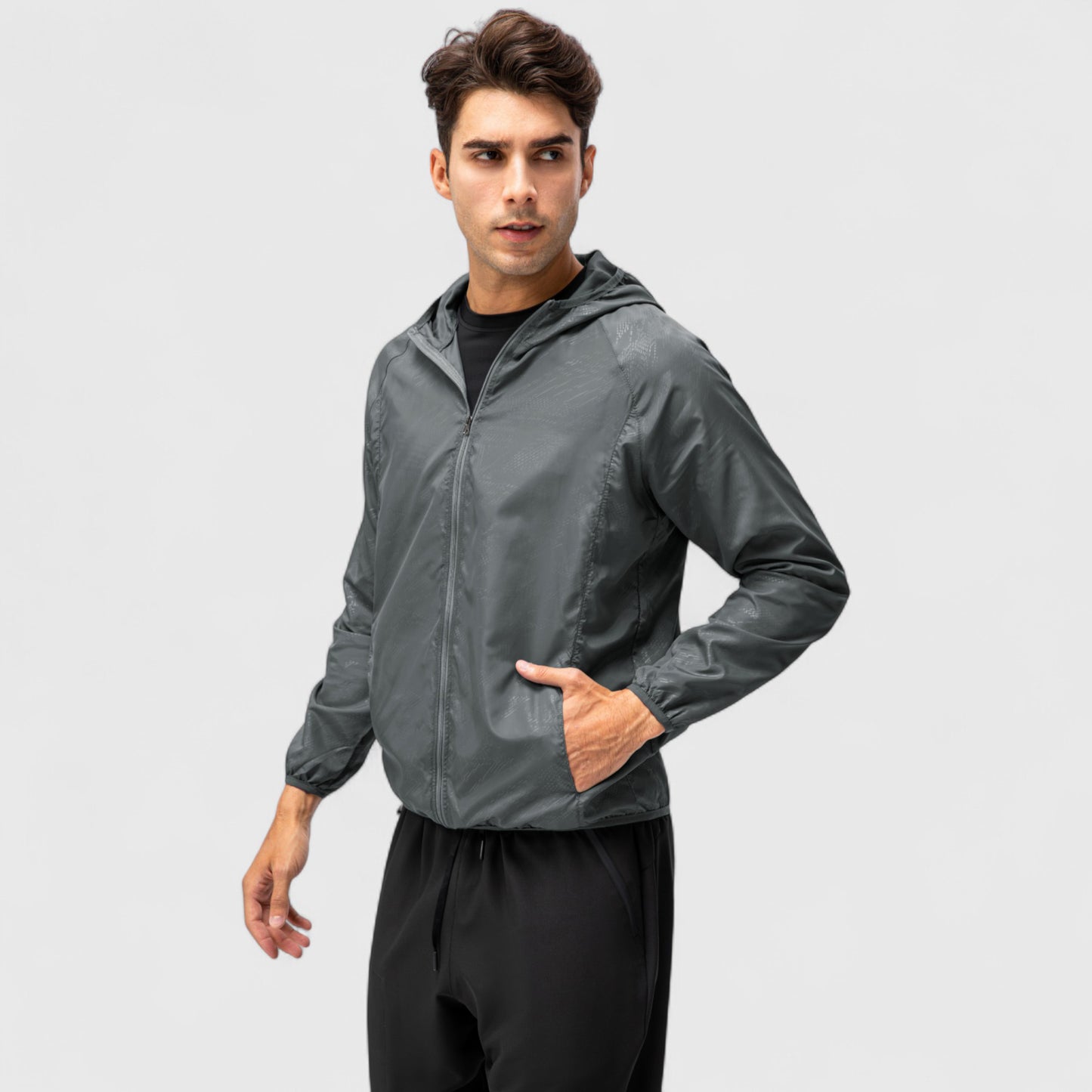 Men's Full Zip Hooded Windbreaker Jacket with Side Pockets and Elastic Cuffs