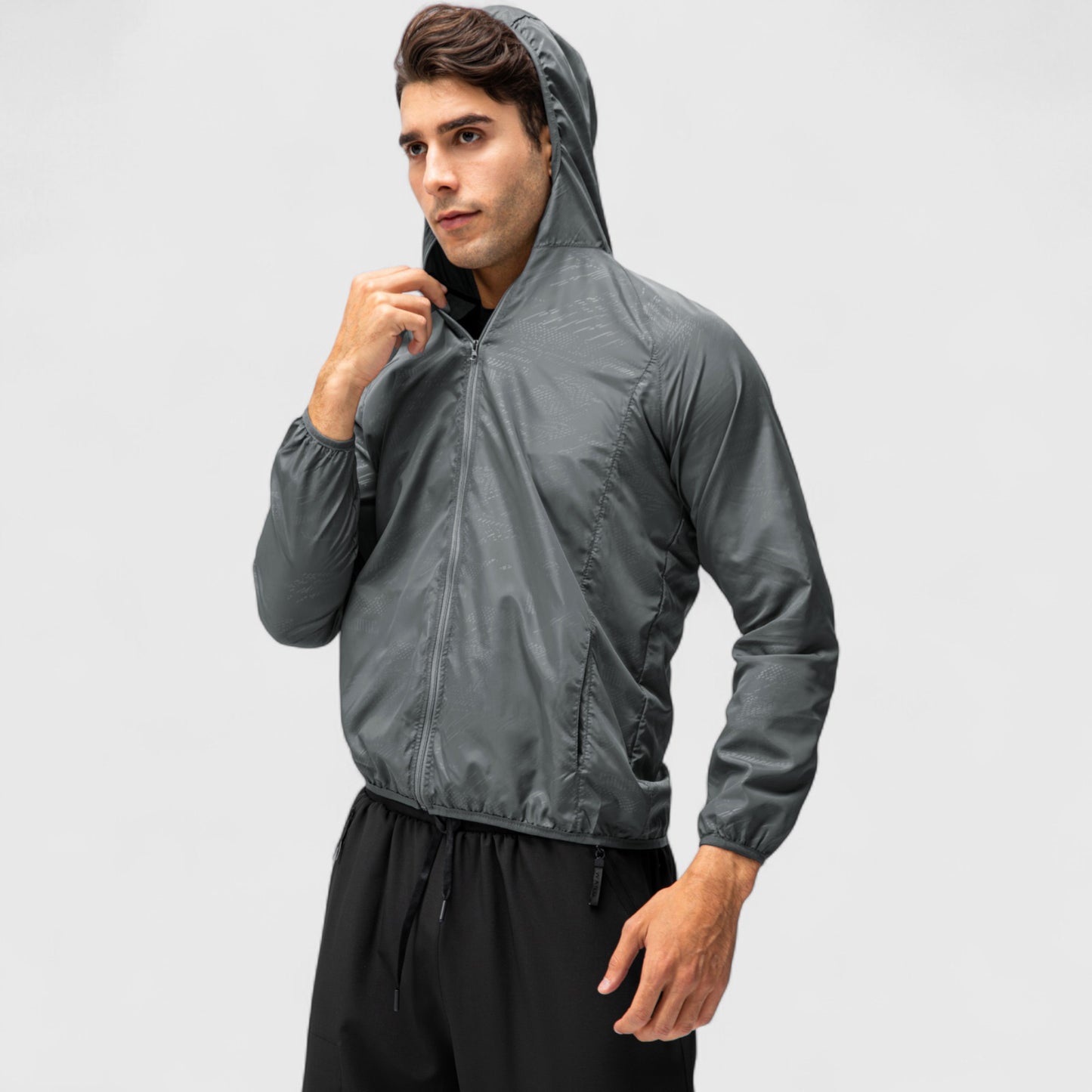 Men's Full Zip Hooded Windbreaker Jacket with Side Pockets and Elastic Cuffs