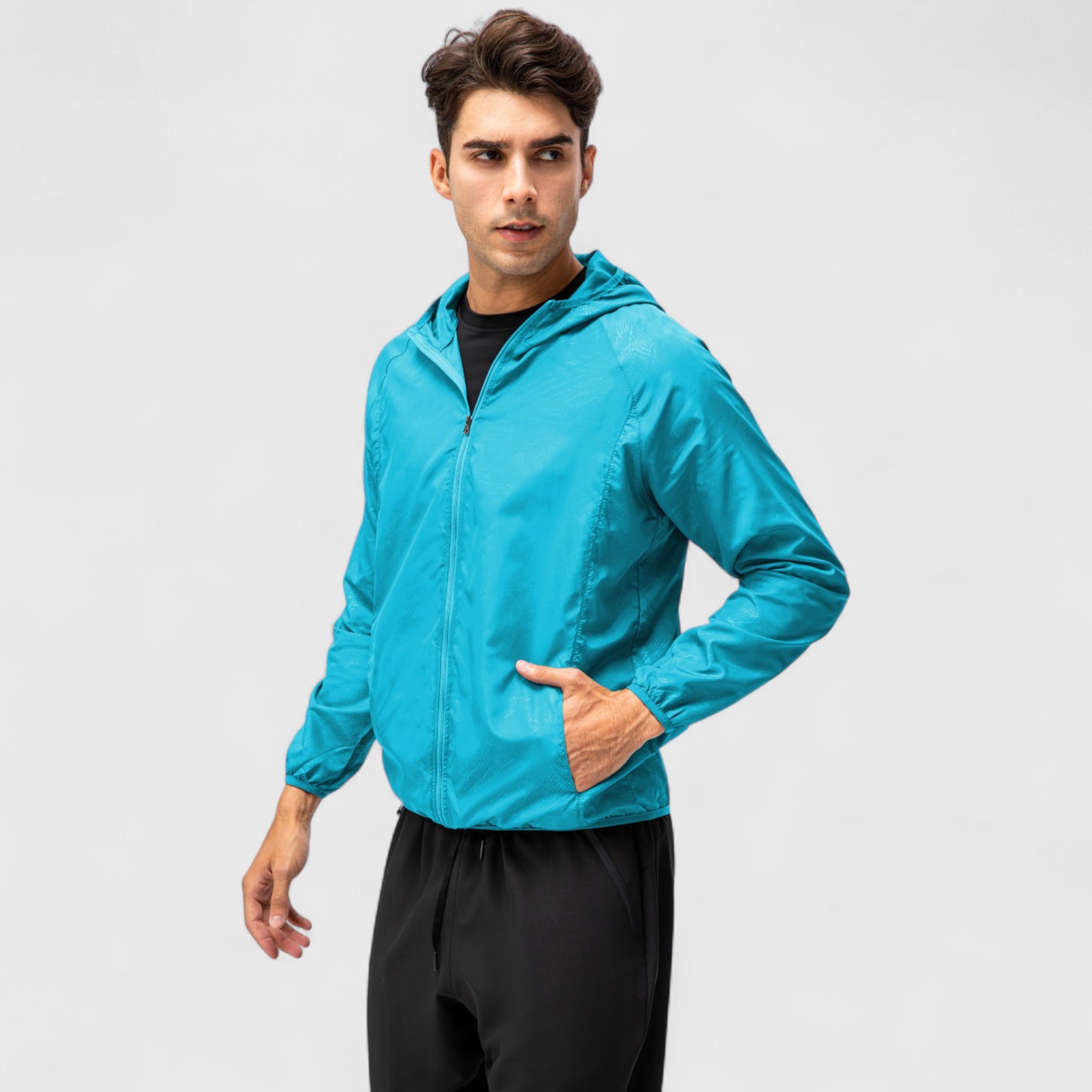 Men's Full Zip Hooded Windbreaker Jacket with Side Pockets and Elastic Cuffs