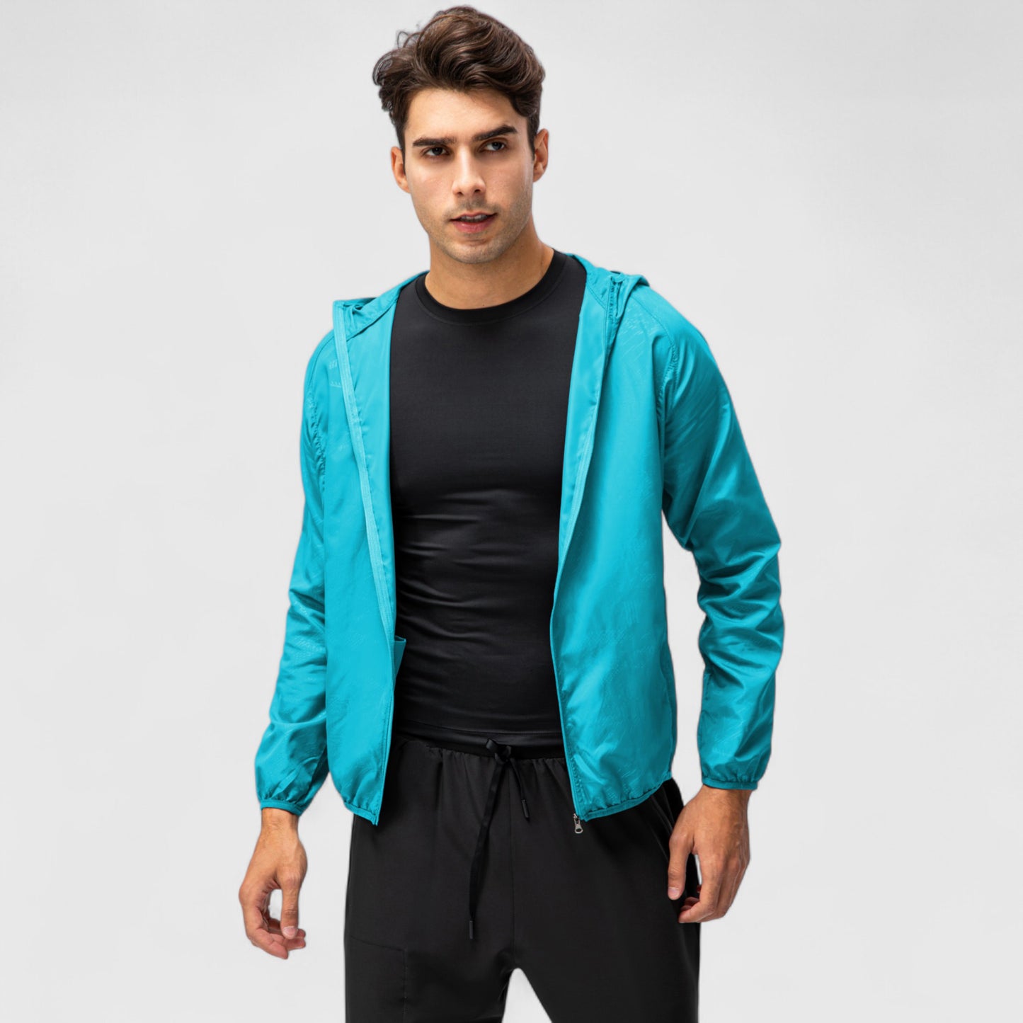 Men's Full Zip Hooded Windbreaker Jacket with Side Pockets and Elastic Cuffs
