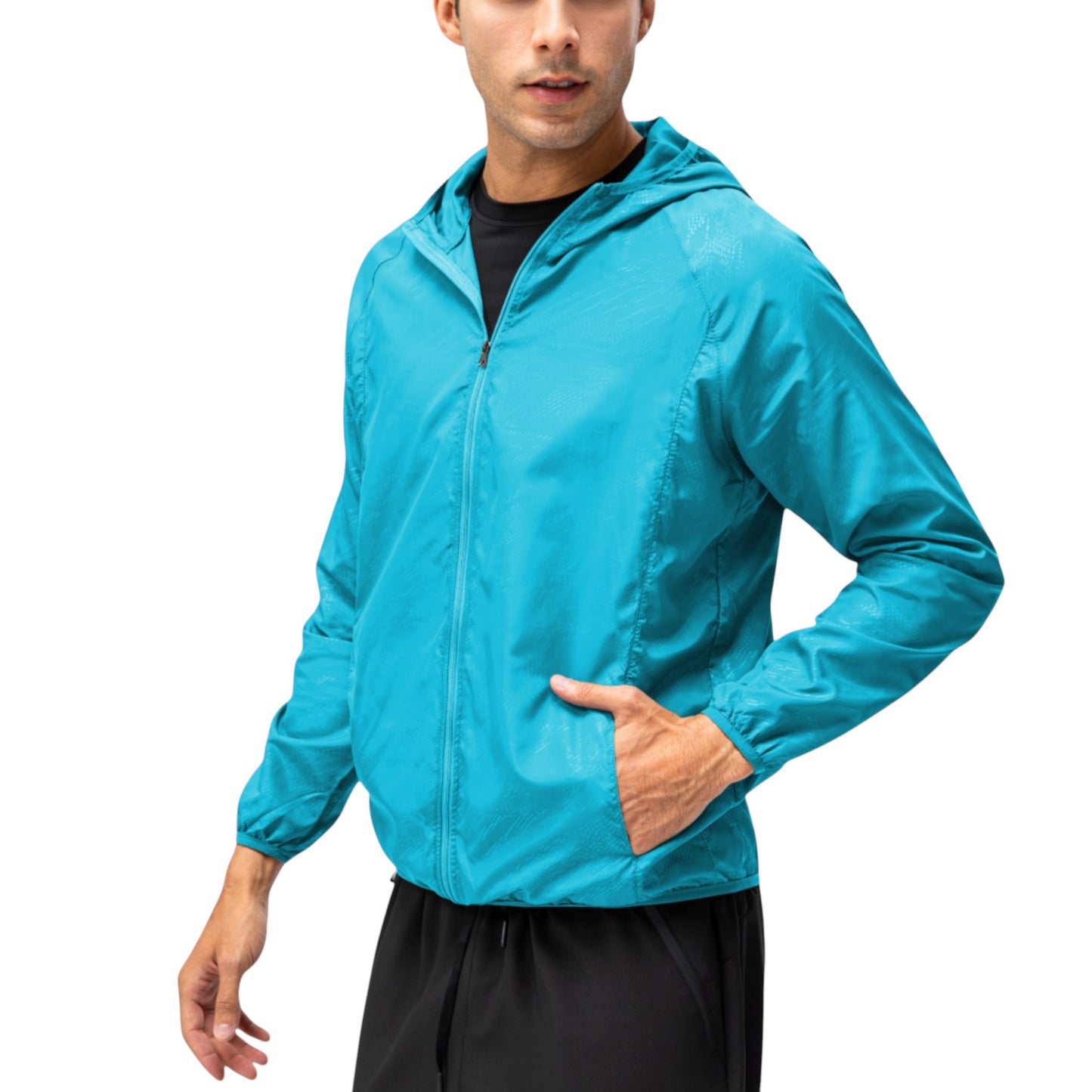 Men's Full Zip Hooded Windbreaker Jacket with Side Pockets and Elastic Cuffs