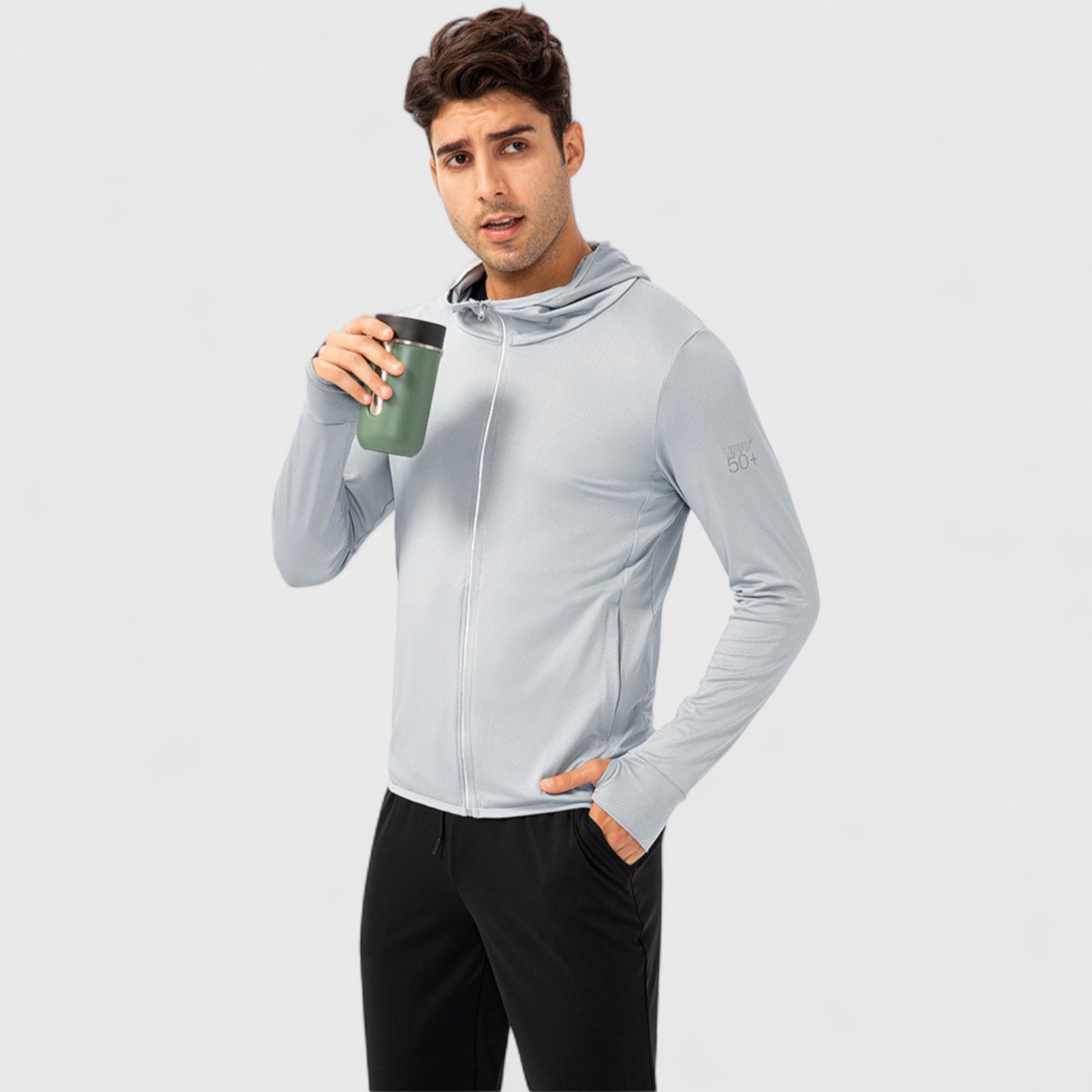 Men's Lightweight Zip-Up Hooded Jacket with Thumbholes and UPF 50+ Protection