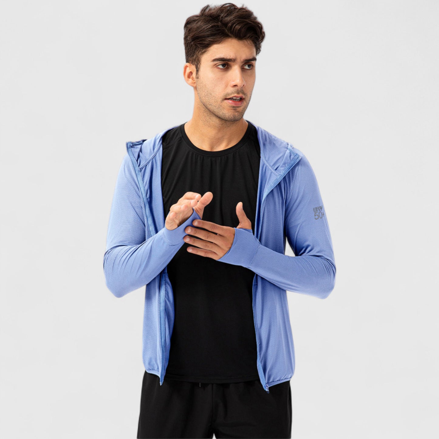 Men's Lightweight Zip-Up Hooded Jacket with Thumbholes and UPF 50+ Protection
