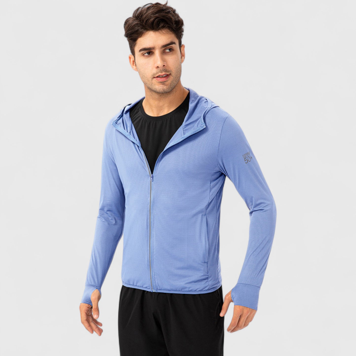 Men's Lightweight Zip-Up Hooded Jacket with Thumbholes and UPF 50+ Protection