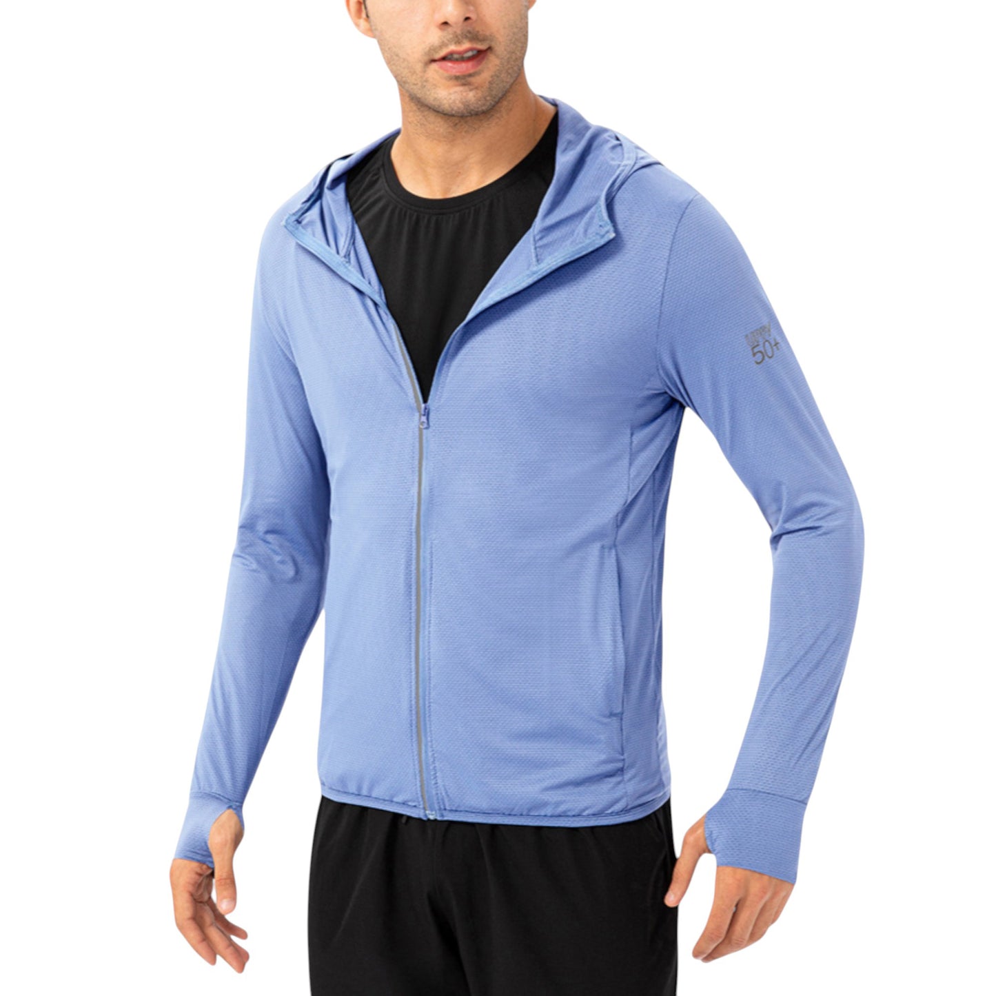 Men's Lightweight Zip-Up Hooded Jacket with Thumbholes and UPF 50+ Protection