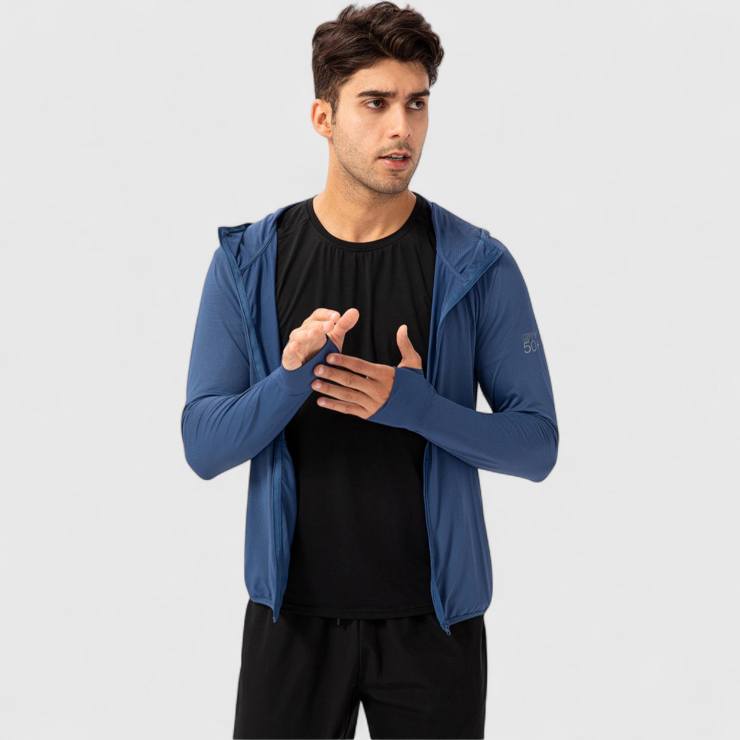 Men's Lightweight Zip-Up Hooded Jacket with Thumbholes and UPF 50+ Protection