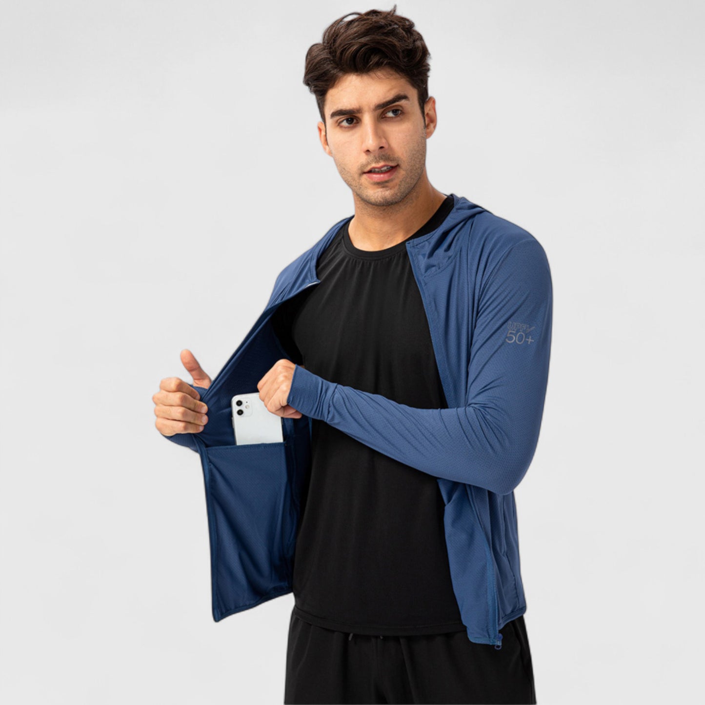 Men's Lightweight Zip-Up Hooded Jacket with Thumbholes and UPF 50+ Protection