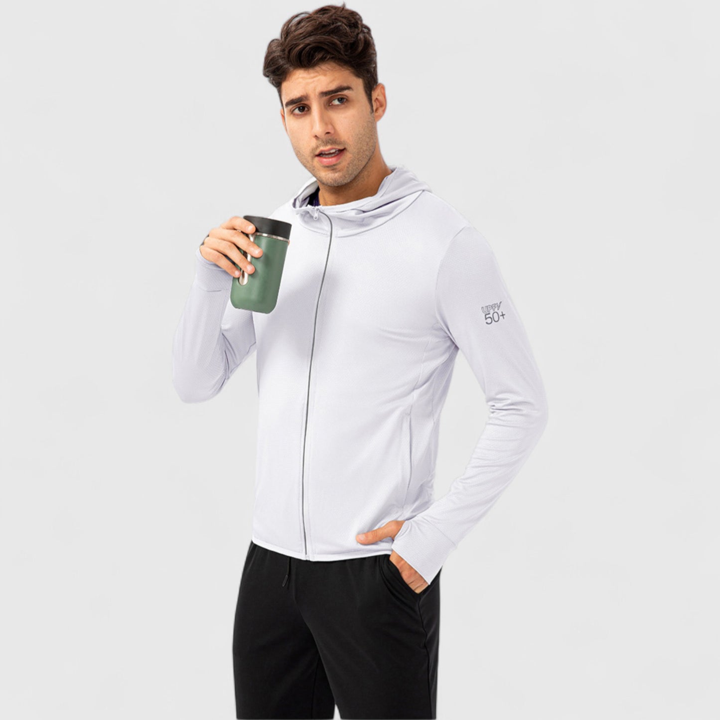 Men's Lightweight Zip-Up Hooded Jacket with Thumbholes and UPF 50+ Protection
