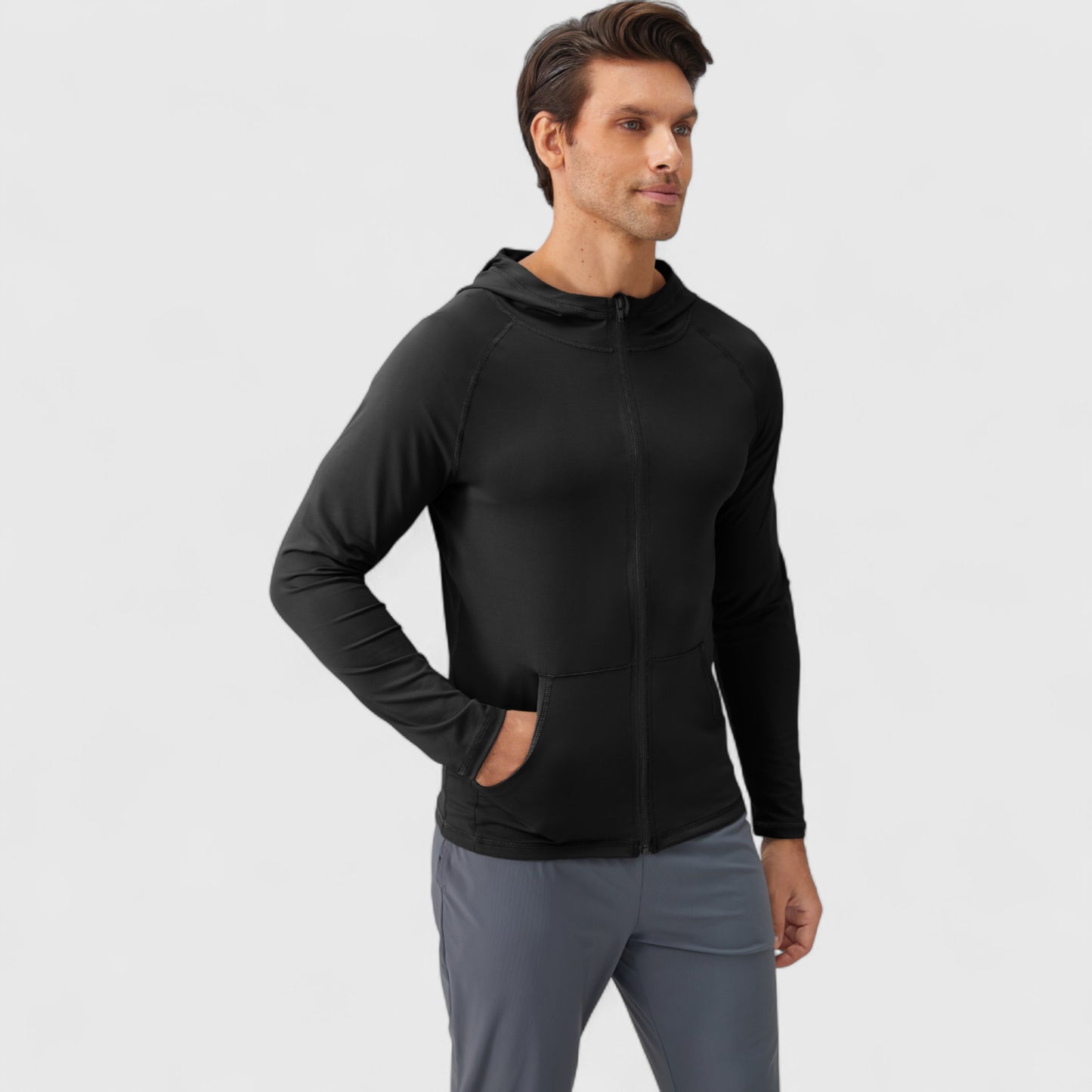 Men's Fitted Full-Zip Hooded Jacket with Front Pockets and Long Sleeves