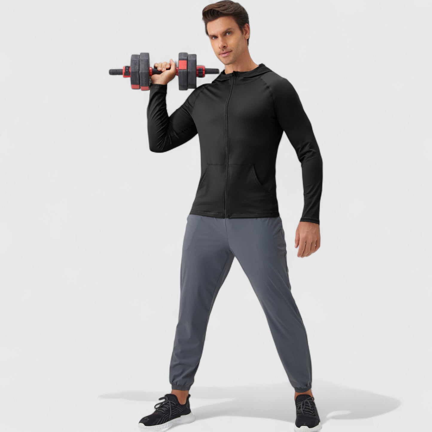 Men's Fitted Full-Zip Hooded Jacket with Front Pockets and Long Sleeves