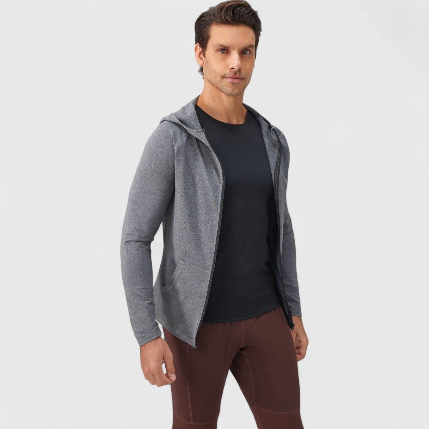 Men's Fitted Full-Zip Hooded Jacket with Front Pockets and Long Sleeves
