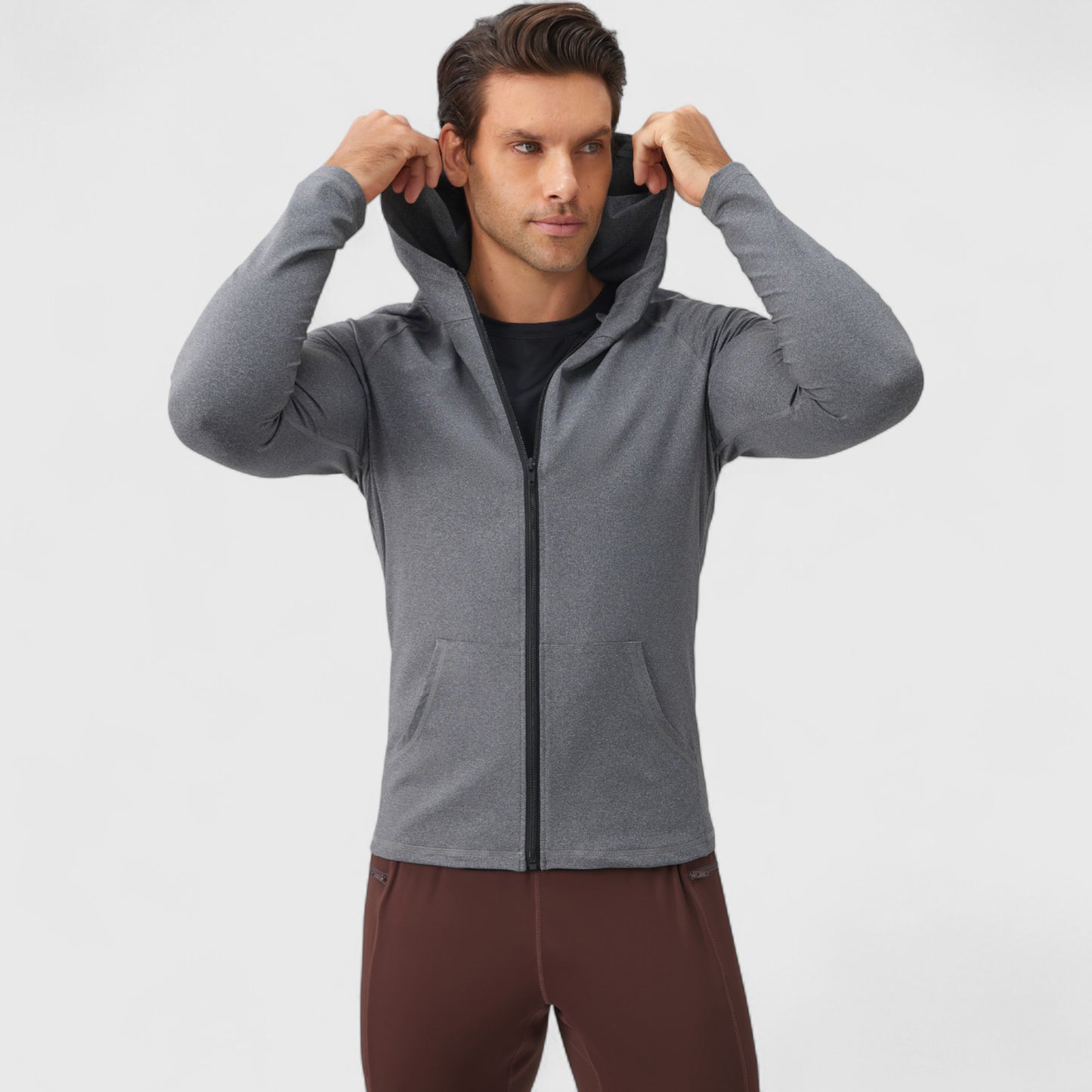 Men's Fitted Full-Zip Hooded Jacket with Front Pockets and Long Sleeves