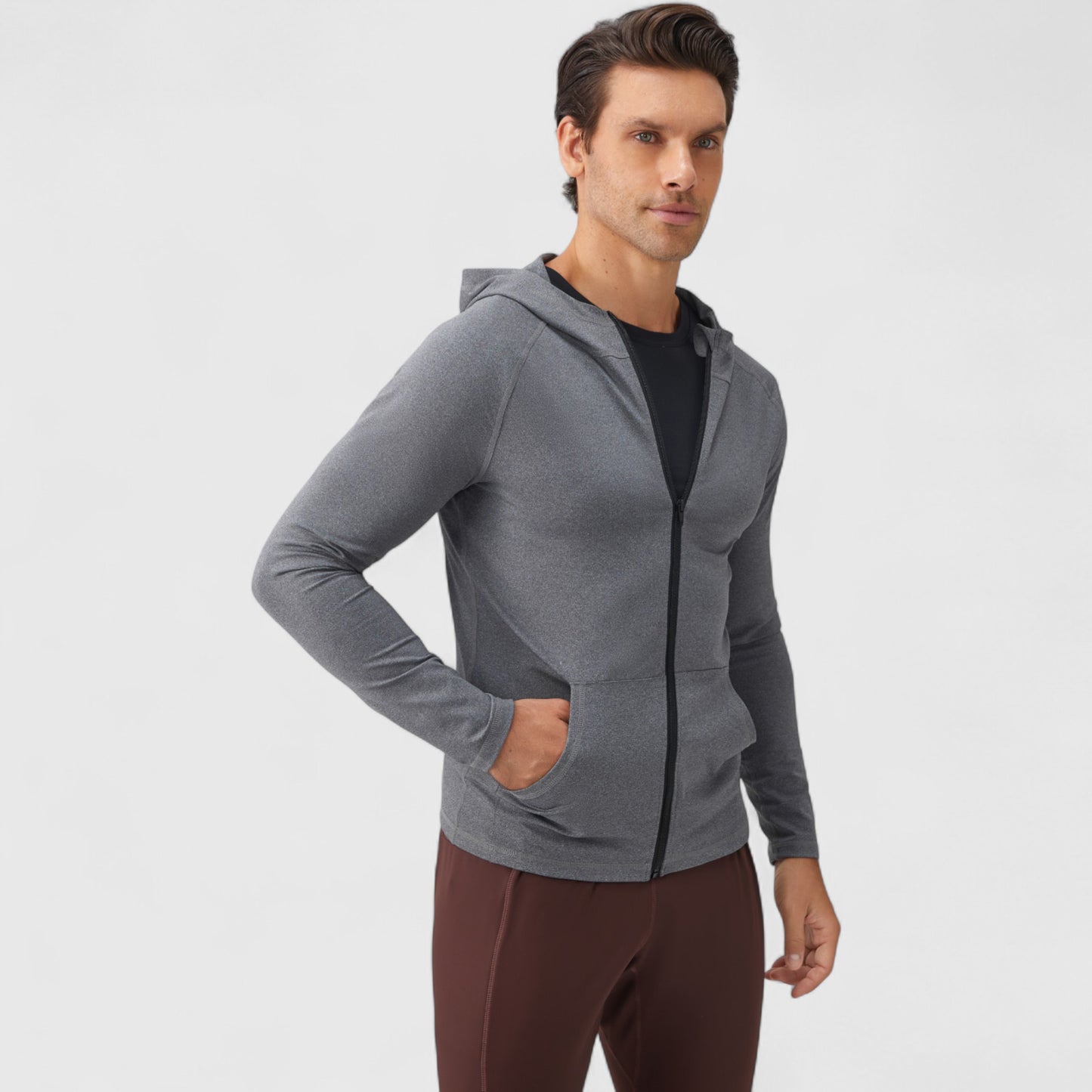 Men's Fitted Full-Zip Hooded Jacket with Front Pockets and Long Sleeves