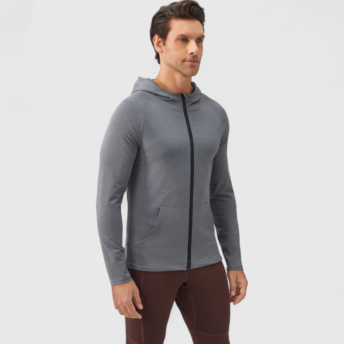 Men's Fitted Full-Zip Hooded Jacket with Front Pockets and Long Sleeves