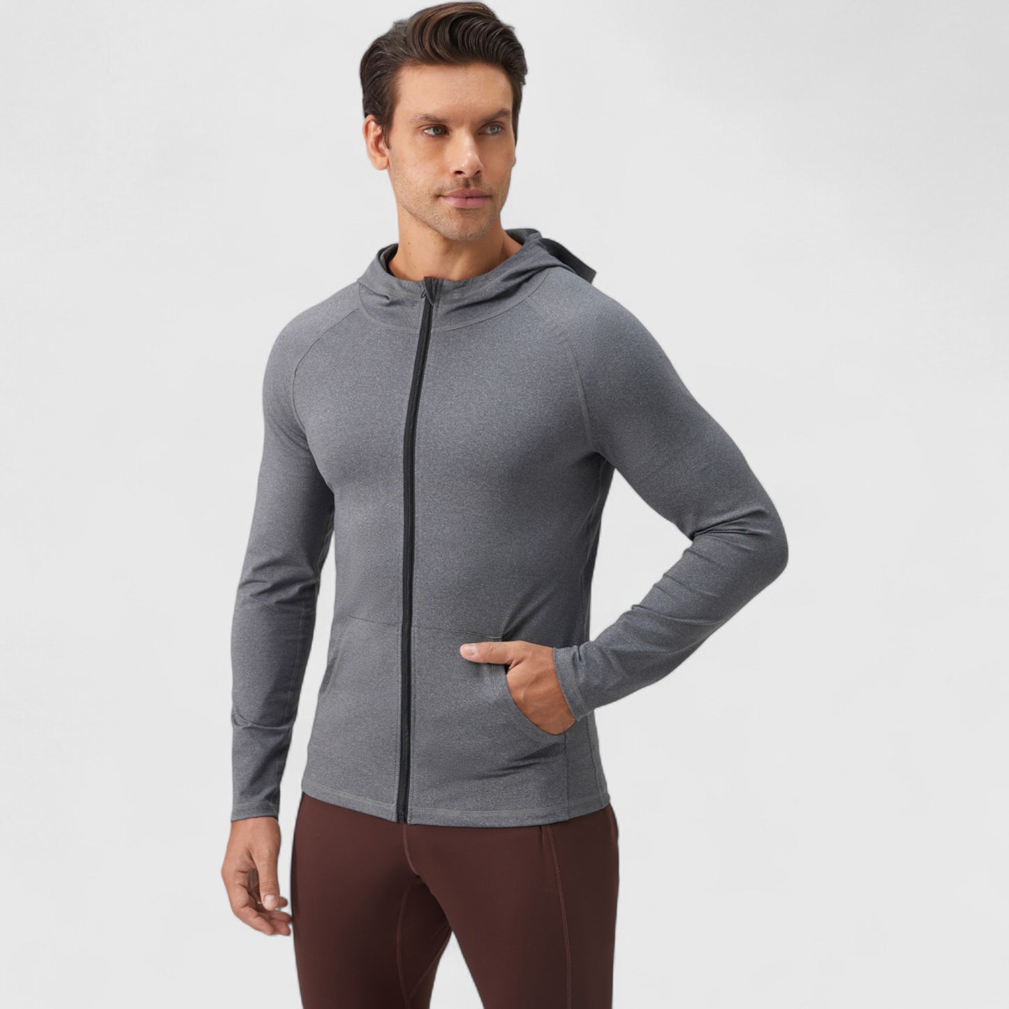 Men's Fitted Full-Zip Hooded Jacket with Front Pockets and Long Sleeves