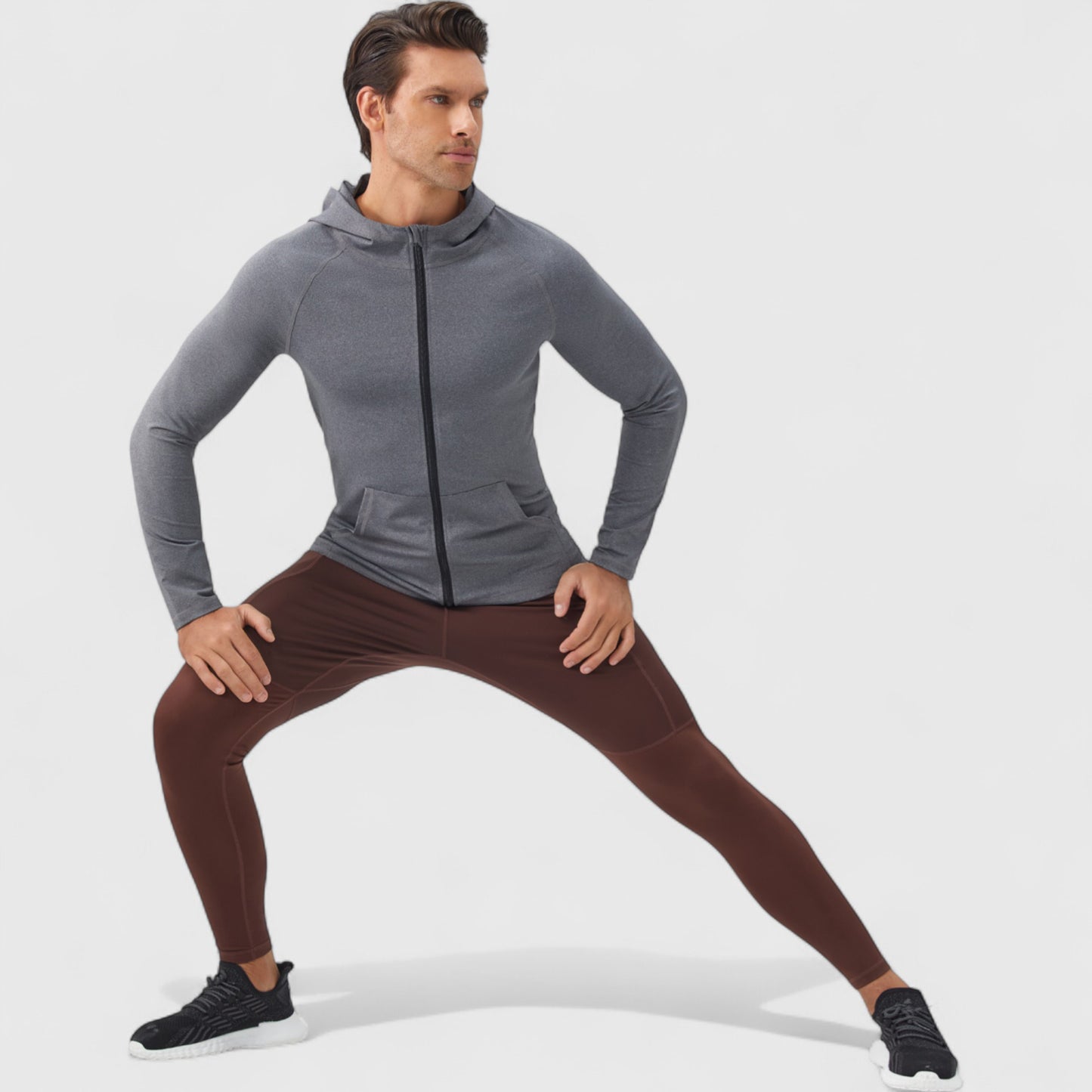 Men's Fitted Full-Zip Hooded Jacket with Front Pockets and Long Sleeves
