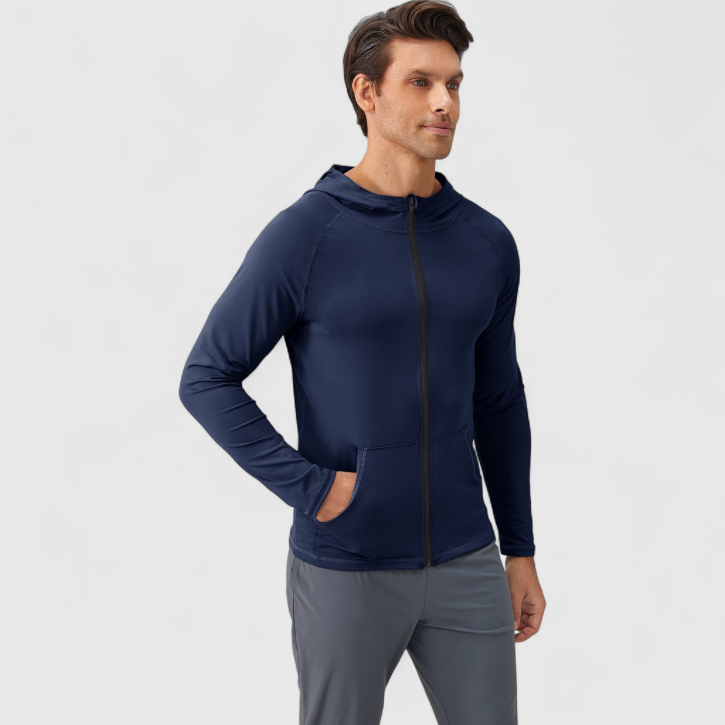 Men's Fitted Full-Zip Hooded Jacket with Front Pockets and Long Sleeves
