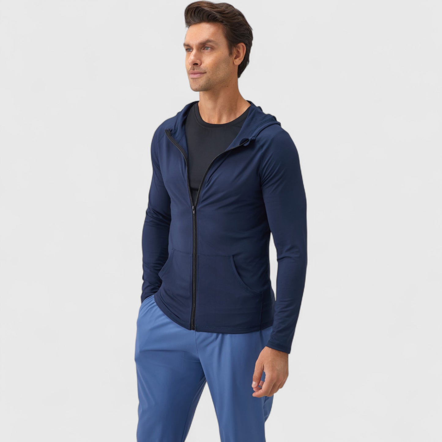 Men's Fitted Full-Zip Hooded Jacket with Front Pockets and Long Sleeves