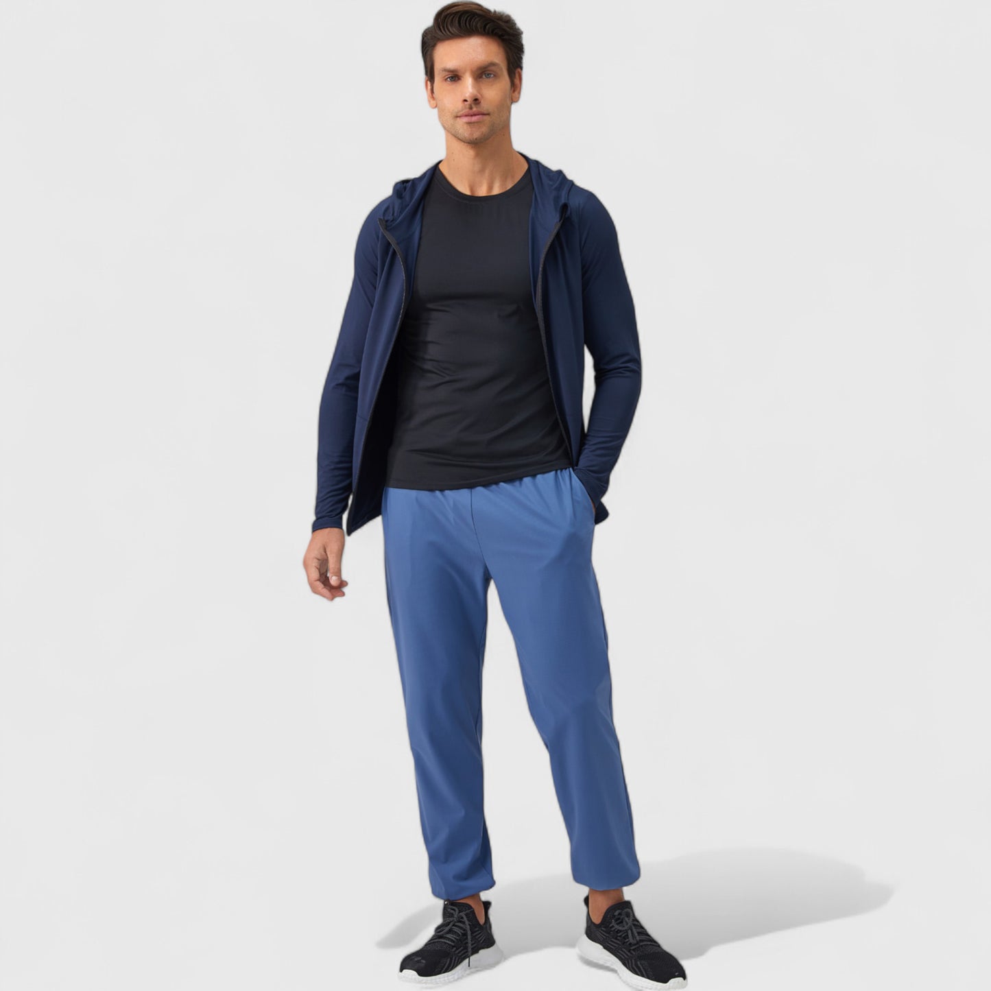 Men's Fitted Full-Zip Hooded Jacket with Front Pockets and Long Sleeves