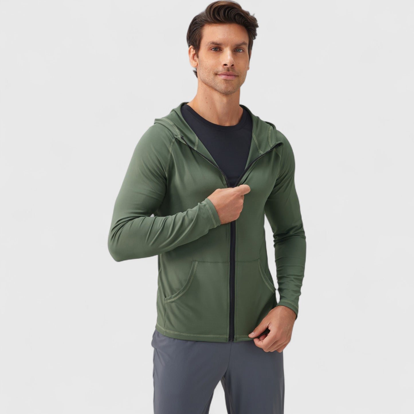 Men's Fitted Full-Zip Hooded Jacket with Front Pockets and Long Sleeves