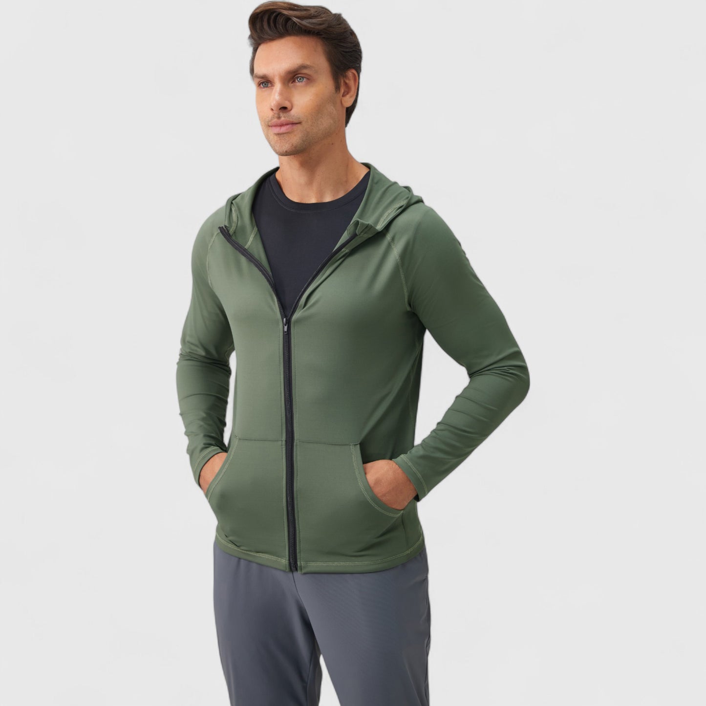 Men's Fitted Full-Zip Hooded Jacket with Front Pockets and Long Sleeves