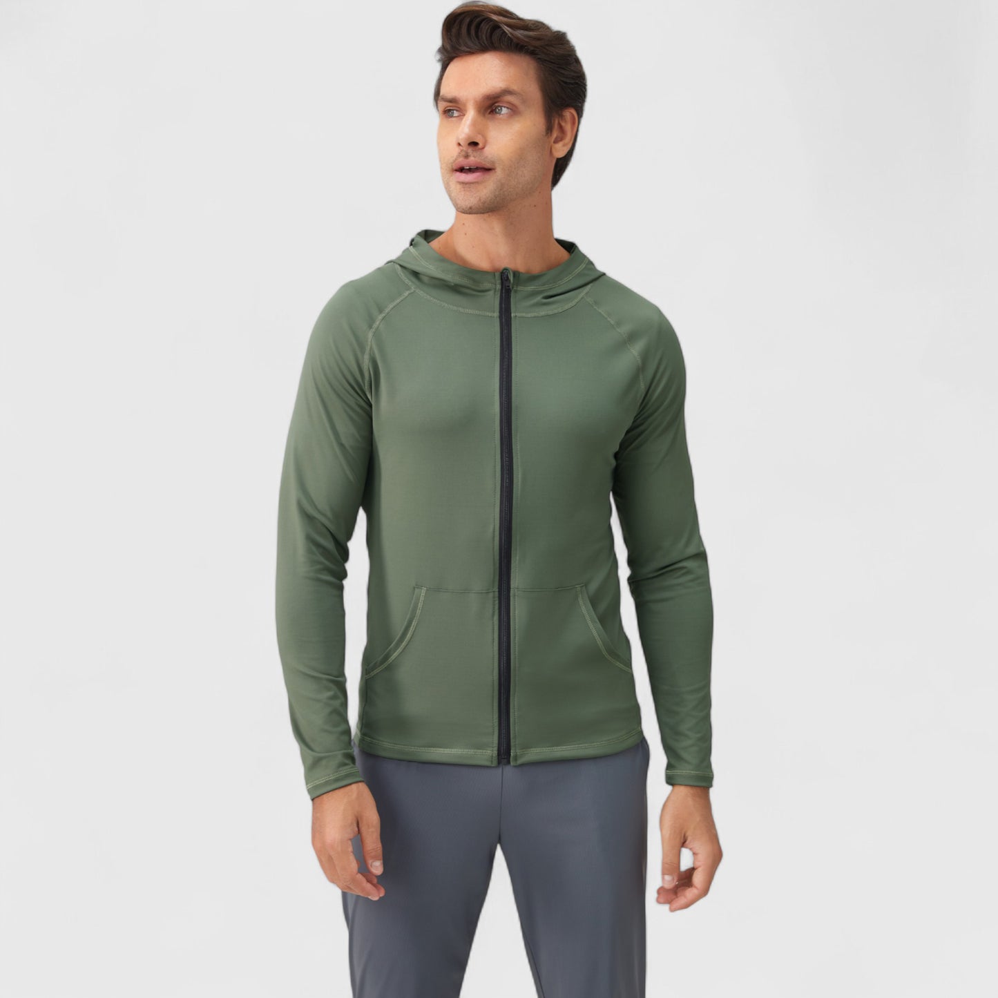 Men's Fitted Full-Zip Hooded Jacket with Front Pockets and Long Sleeves