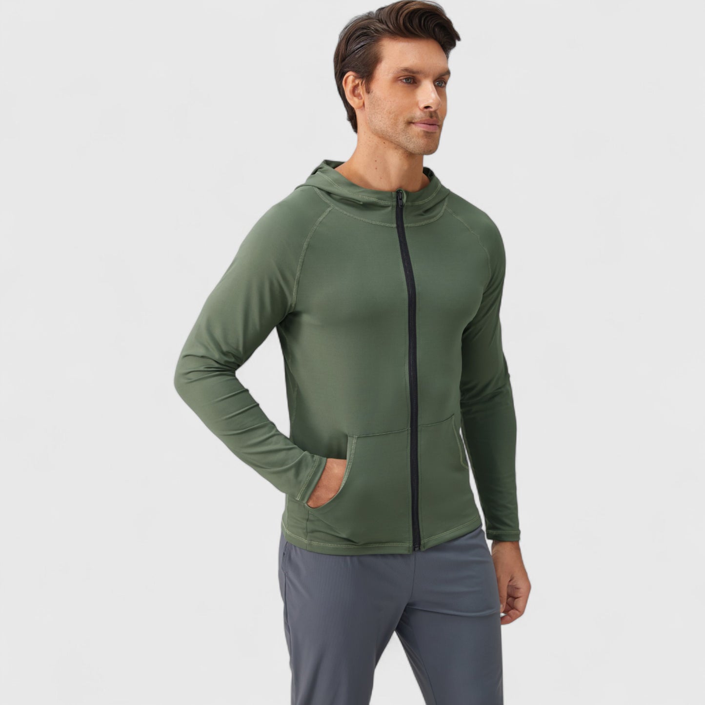 Men's Fitted Full-Zip Hooded Jacket with Front Pockets and Long Sleeves