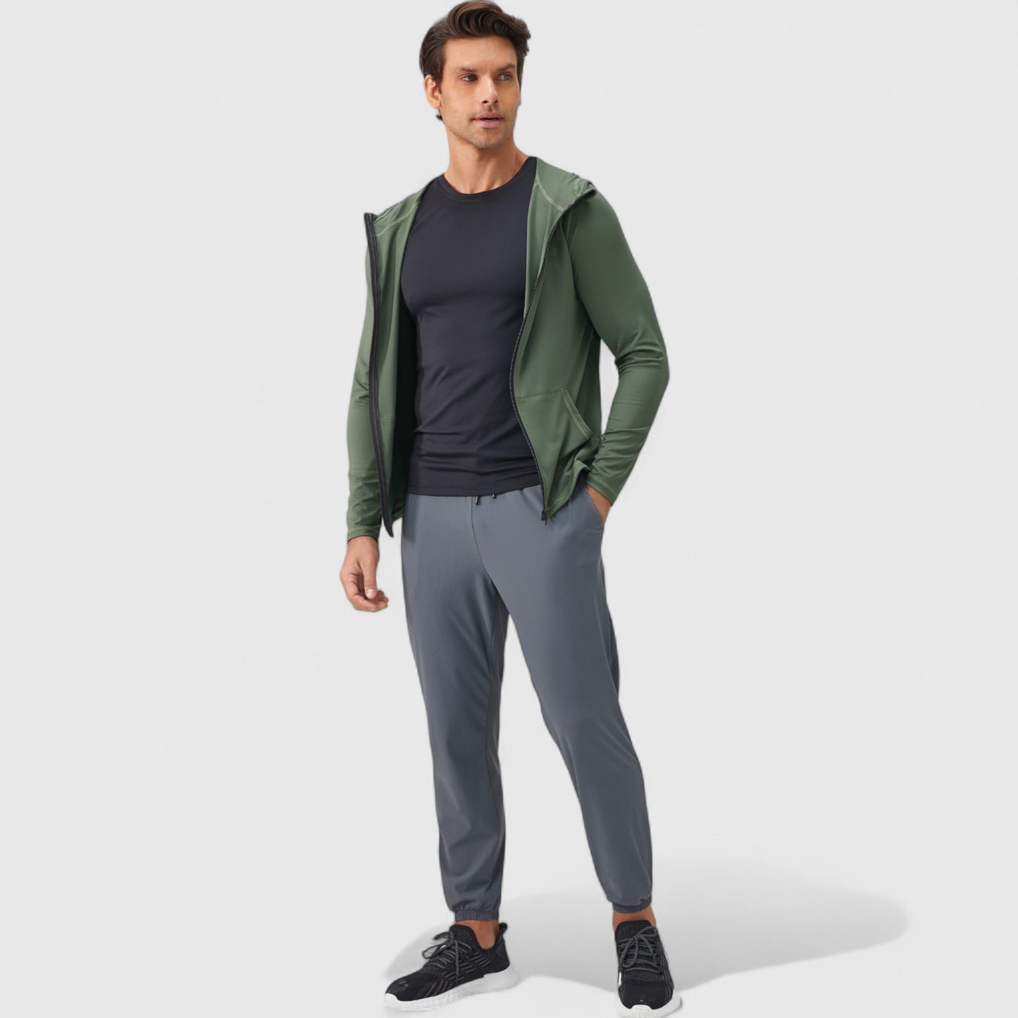 Men's Fitted Full-Zip Hooded Jacket with Front Pockets and Long Sleeves