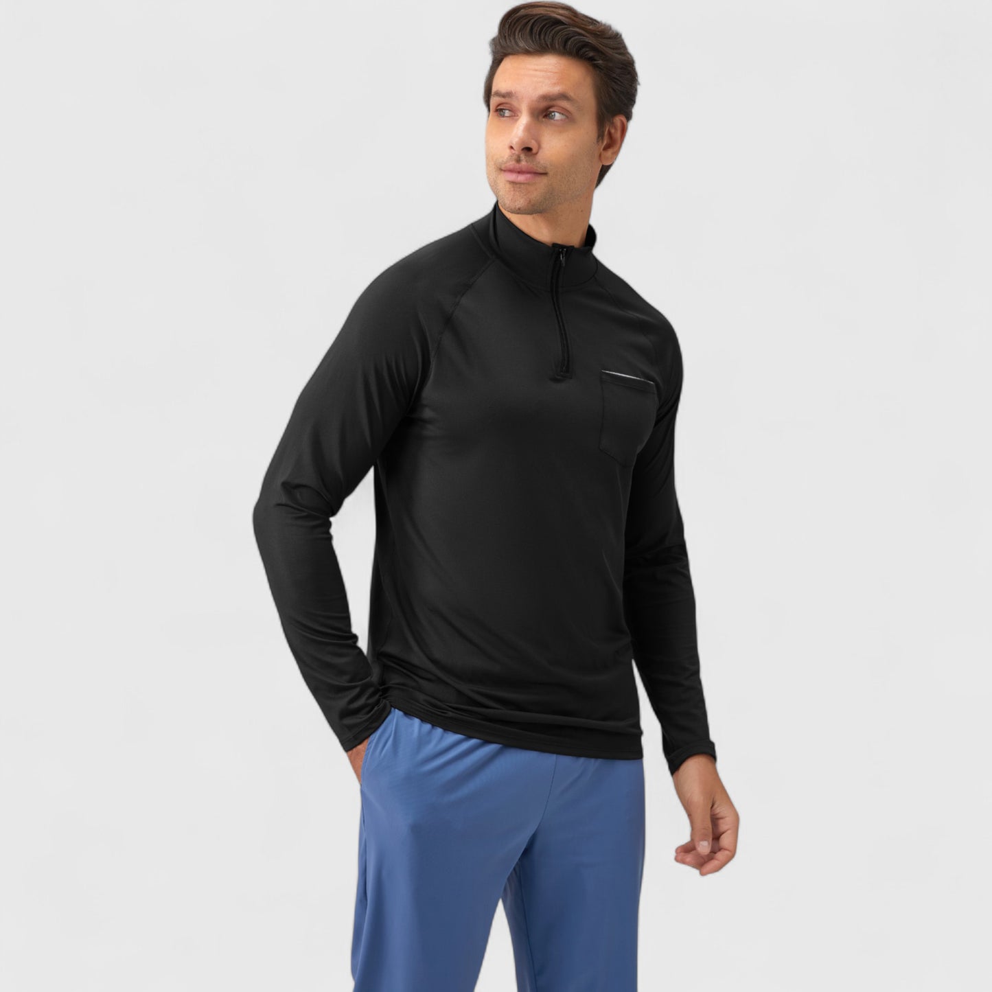 Men's Long Sleeve Quarter-Zip Pullover with Reflective Chest Detail and Slim Fit Design