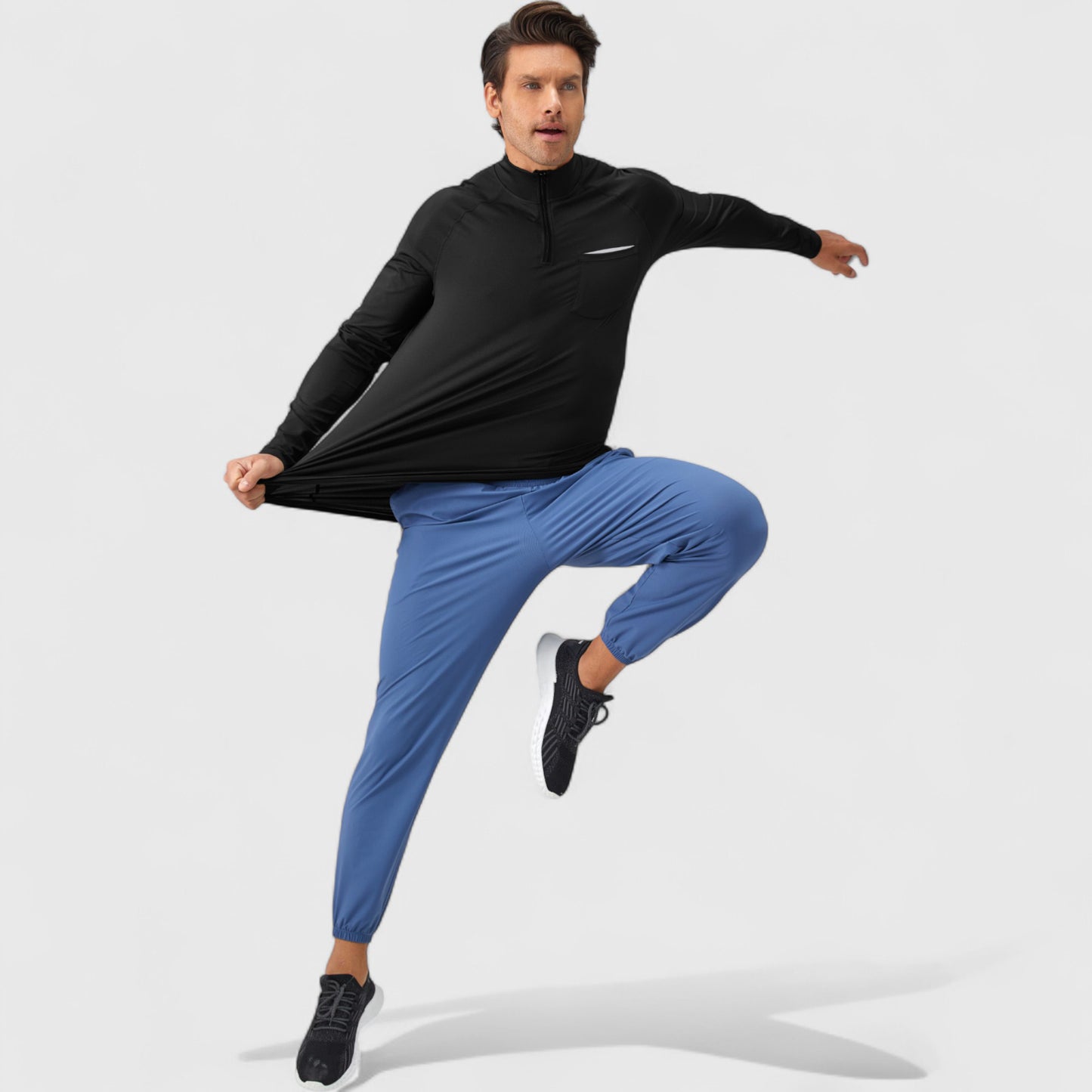 Men's Long Sleeve Quarter-Zip Pullover with Reflective Chest Detail and Slim Fit Design