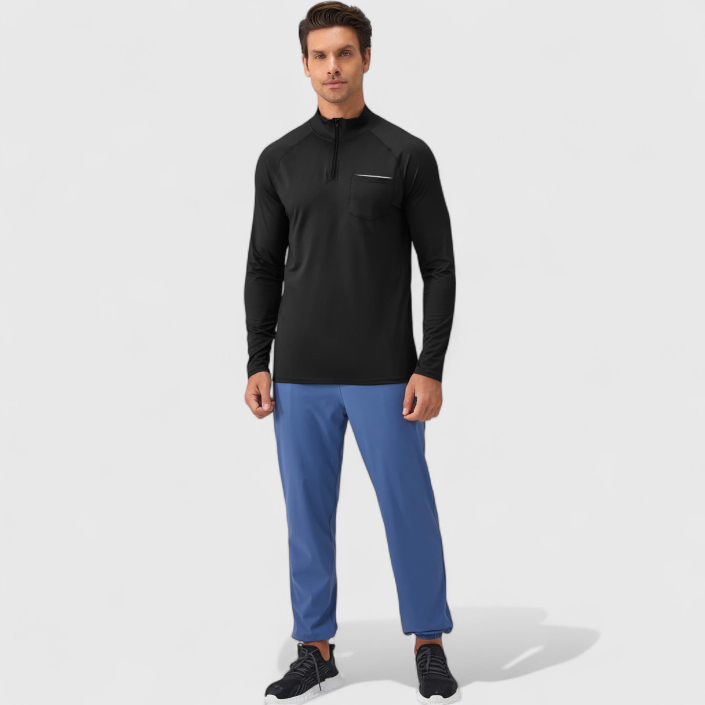 Men's Long Sleeve Quarter-Zip Pullover with Reflective Chest Detail and Slim Fit Design