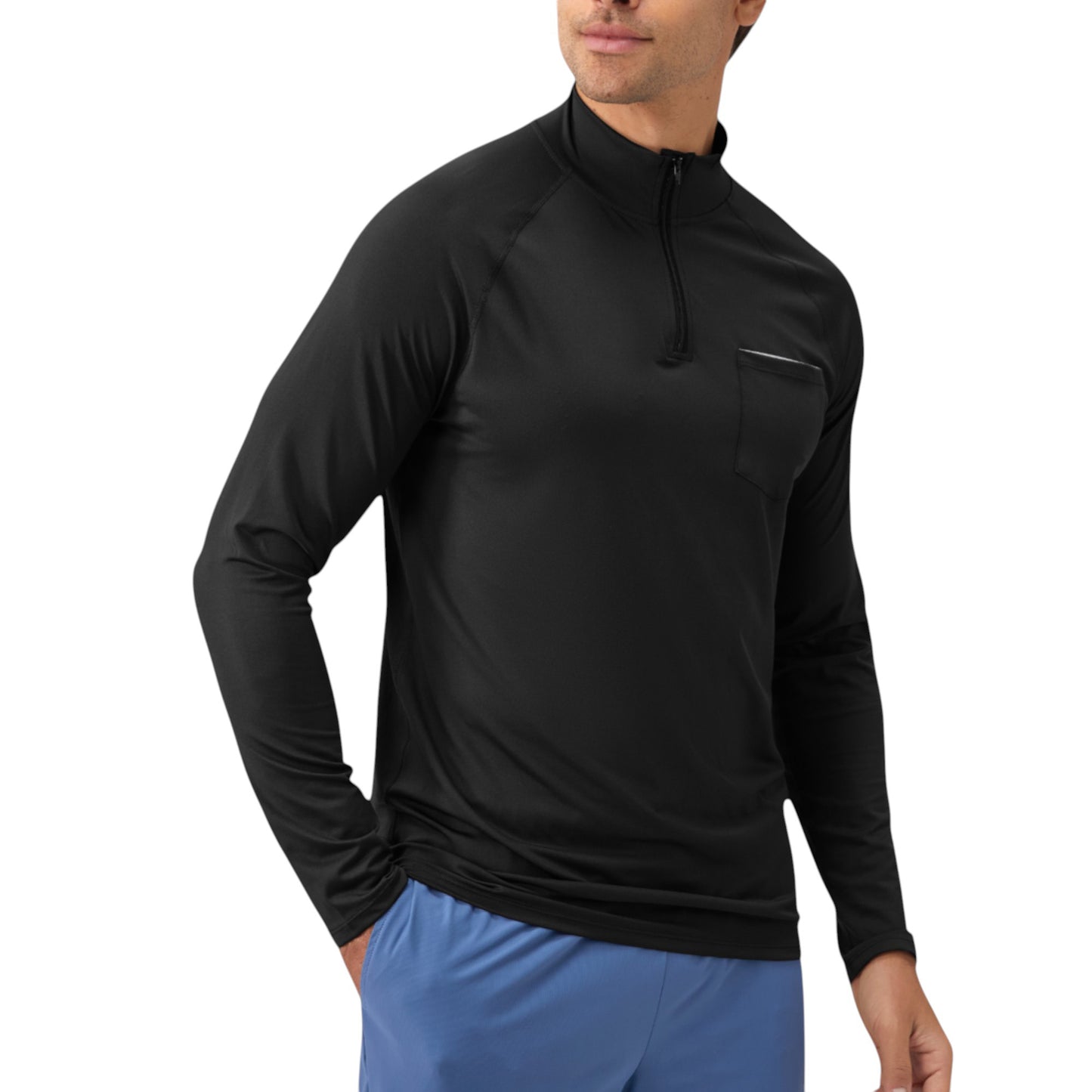 Men's Long Sleeve Quarter-Zip Pullover with Reflective Chest Detail and Slim Fit Design