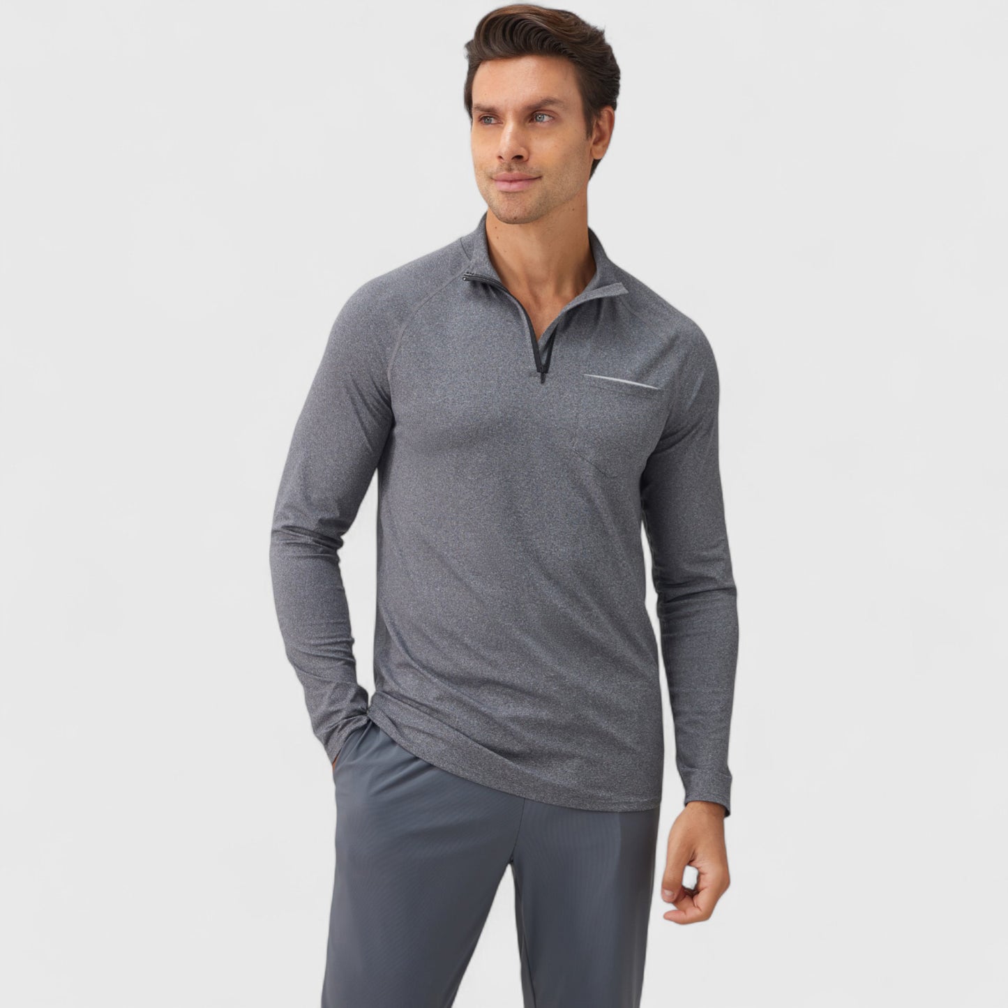 Men's Long Sleeve Quarter-Zip Pullover with Reflective Chest Detail and Slim Fit Design