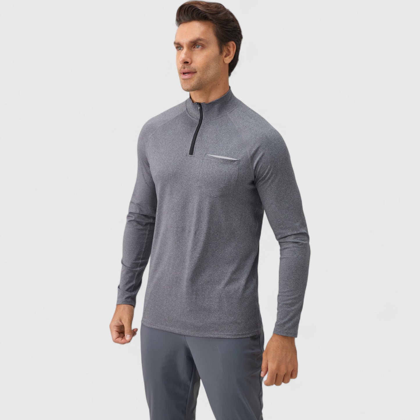 Men's Long Sleeve Quarter-Zip Pullover with Reflective Chest Detail and Slim Fit Design