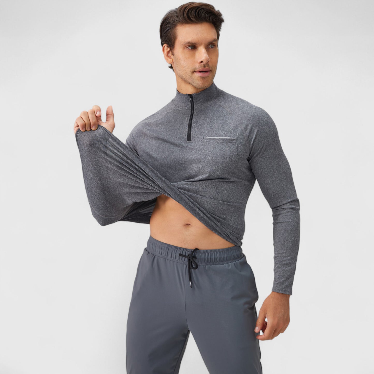 Men's Long Sleeve Quarter-Zip Pullover with Reflective Chest Detail and Slim Fit Design