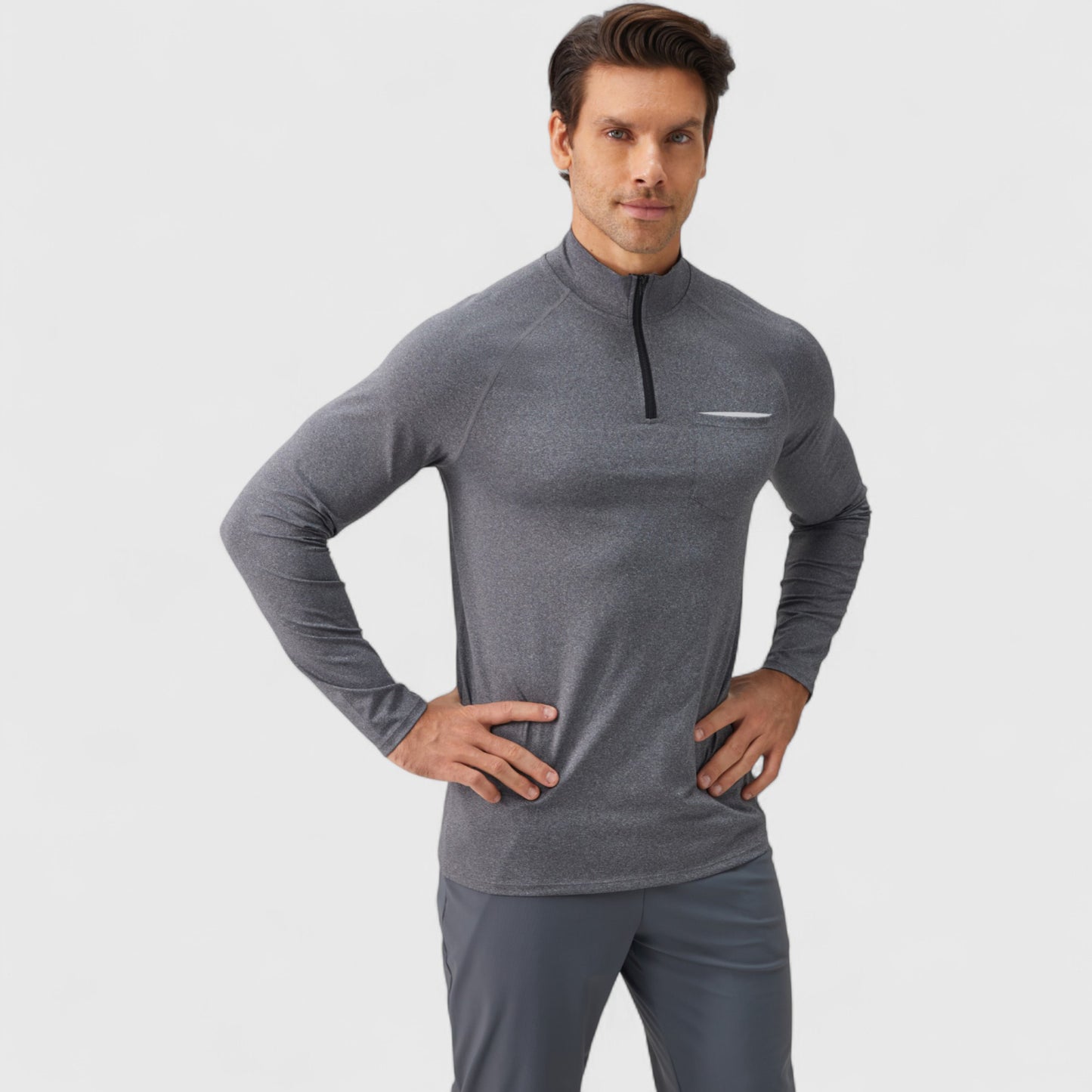 Men's Long Sleeve Quarter-Zip Pullover with Reflective Chest Detail and Slim Fit Design