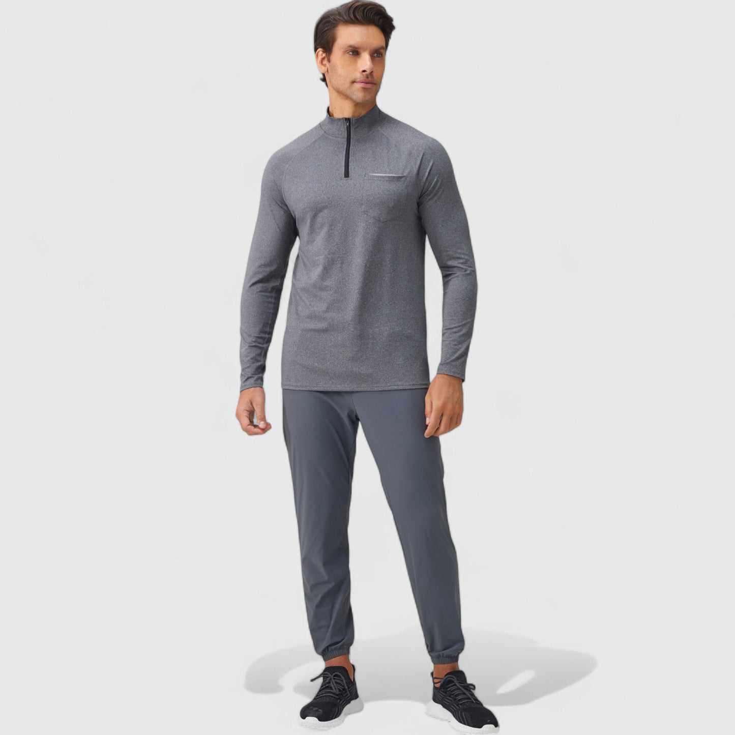 Men's Long Sleeve Quarter-Zip Pullover with Reflective Chest Detail and Slim Fit Design