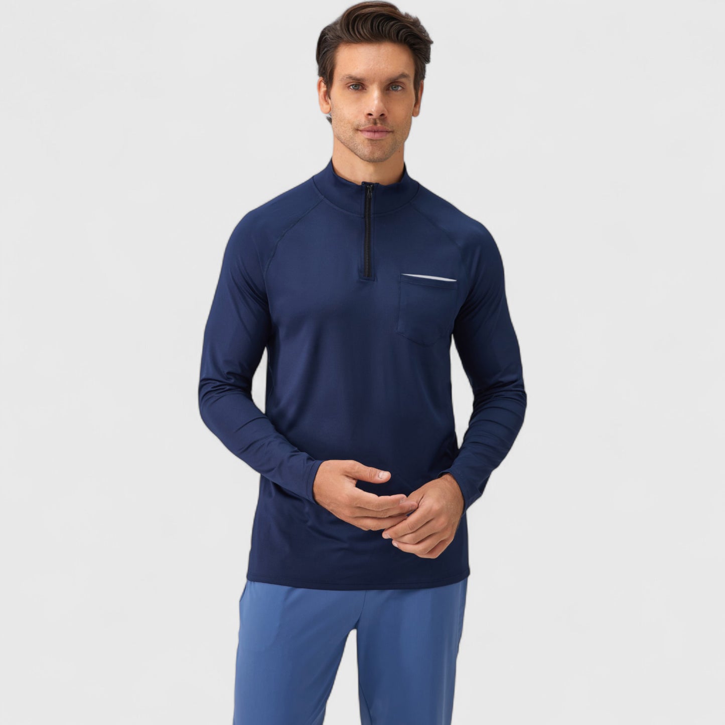 Men's Long Sleeve Quarter-Zip Pullover with Reflective Chest Detail and Slim Fit Design