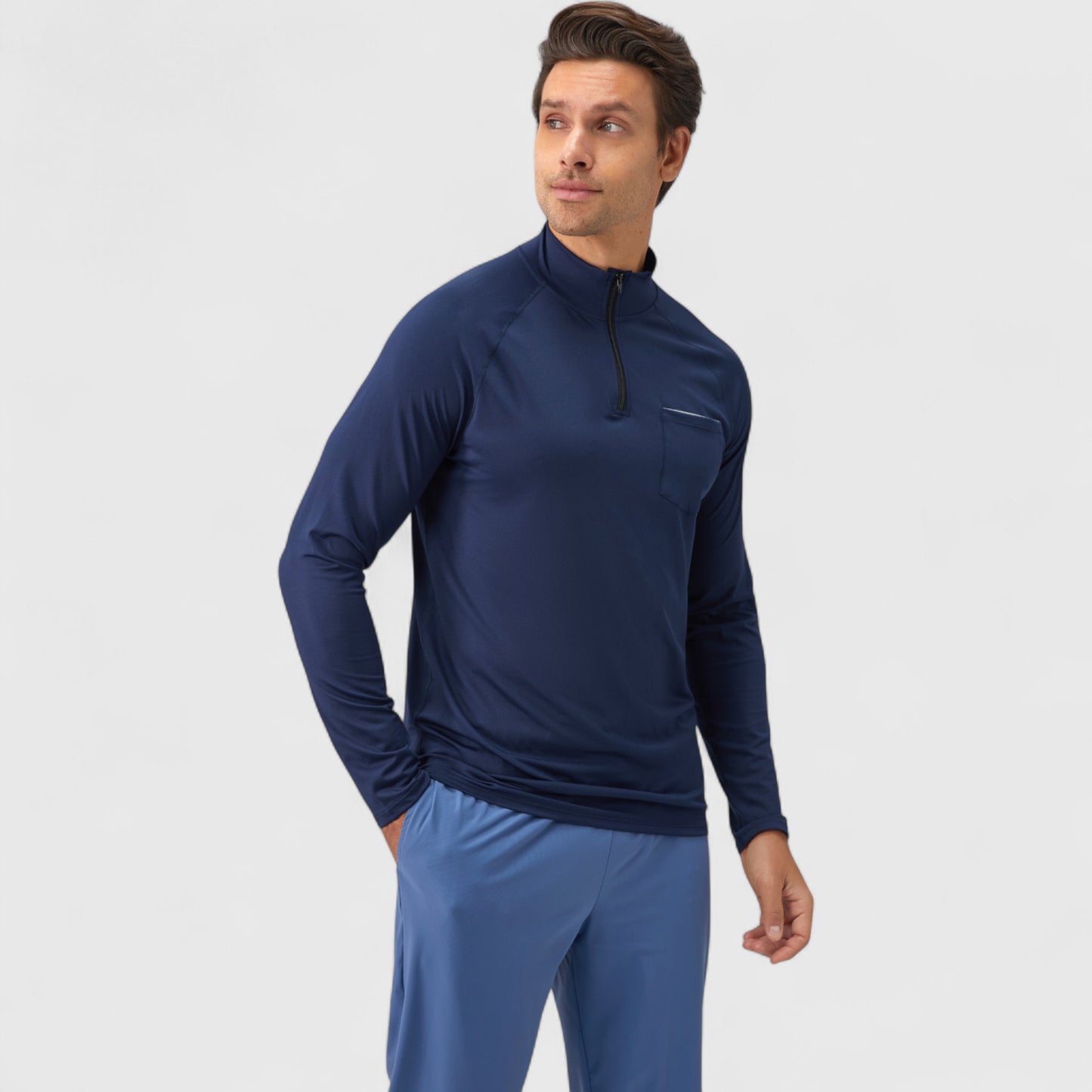 Men's Long Sleeve Quarter-Zip Pullover with Reflective Chest Detail and Slim Fit Design