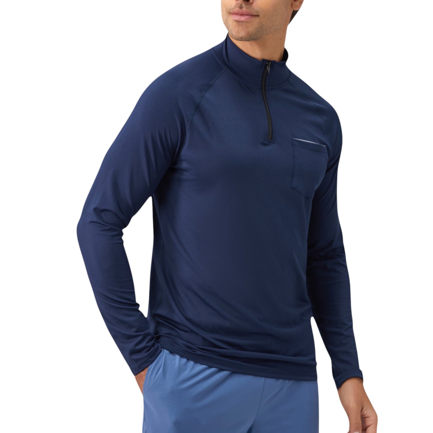 Men's Long Sleeve Quarter-Zip Pullover with Reflective Chest Detail and Slim Fit Design