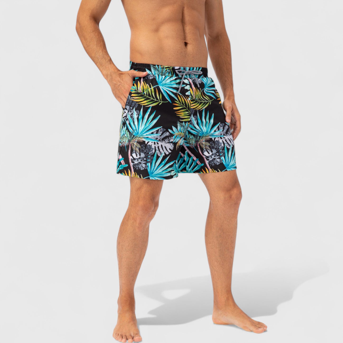 Men's Tropical Print Swim Trunks with Elastic Waistband and Side Pockets